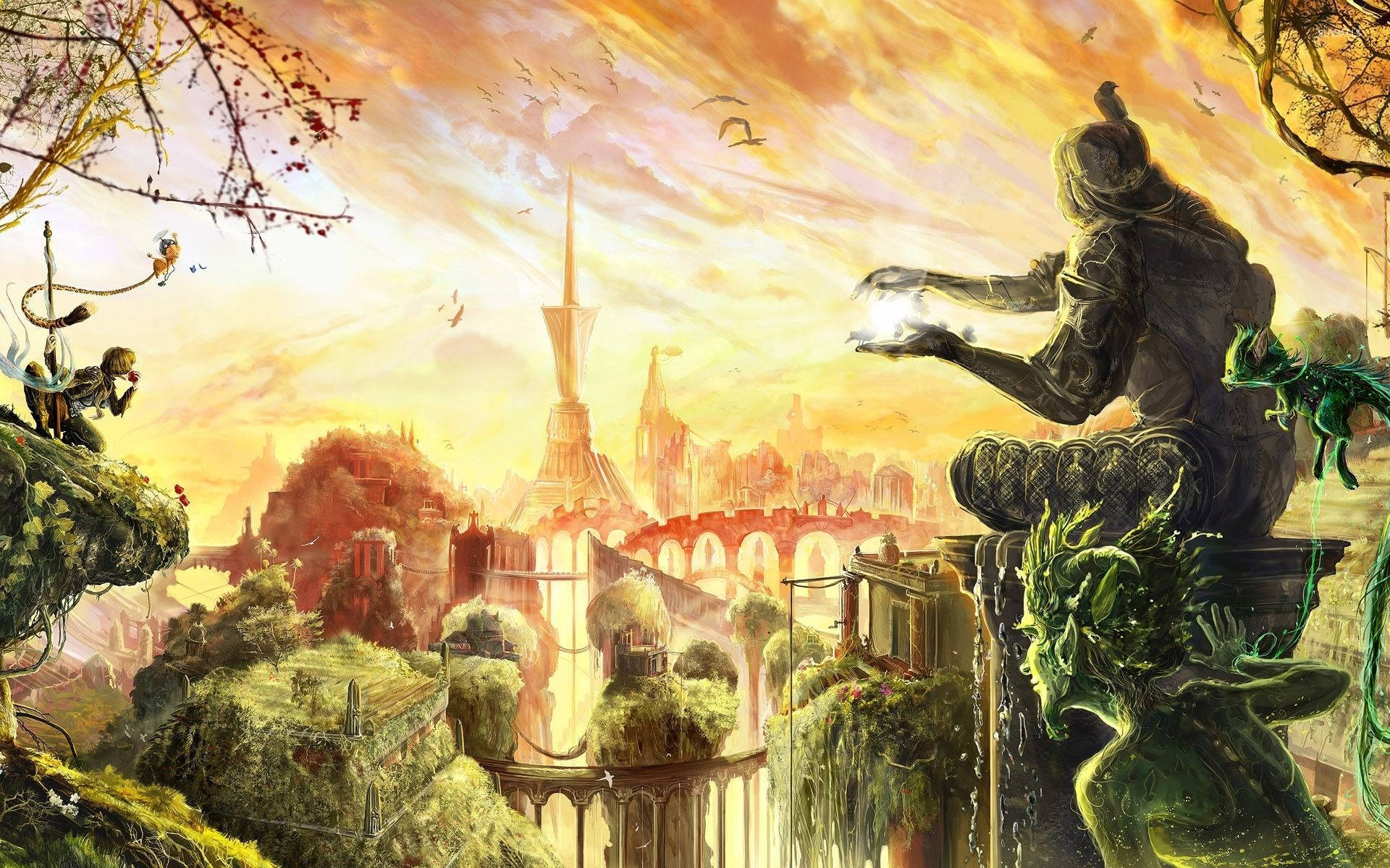 一個戴著兜帽的魔法師在日落時分對一座廢棄的奇幻城市施放發光的魔法。