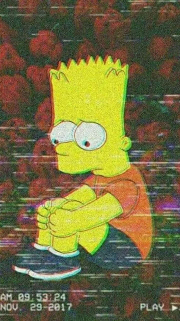 巴特·辛普森帶著悲傷的表情坐在故障紅色背景上。
