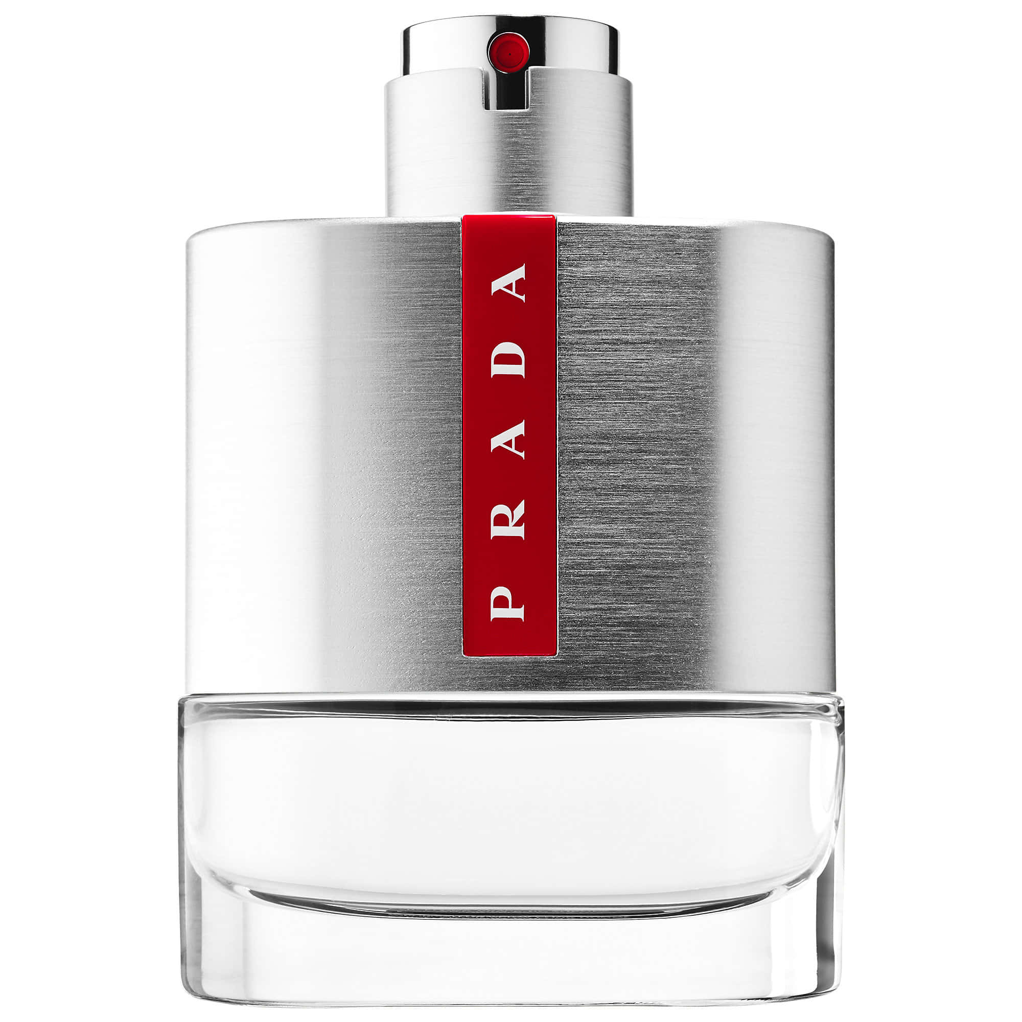 歡迎進入普拉達奢華世界 壁紙 — 一個時尚的銀色 Prada 香水瓶，帶有紅色標籤和鉻合金蓋子，立在白色背景前。