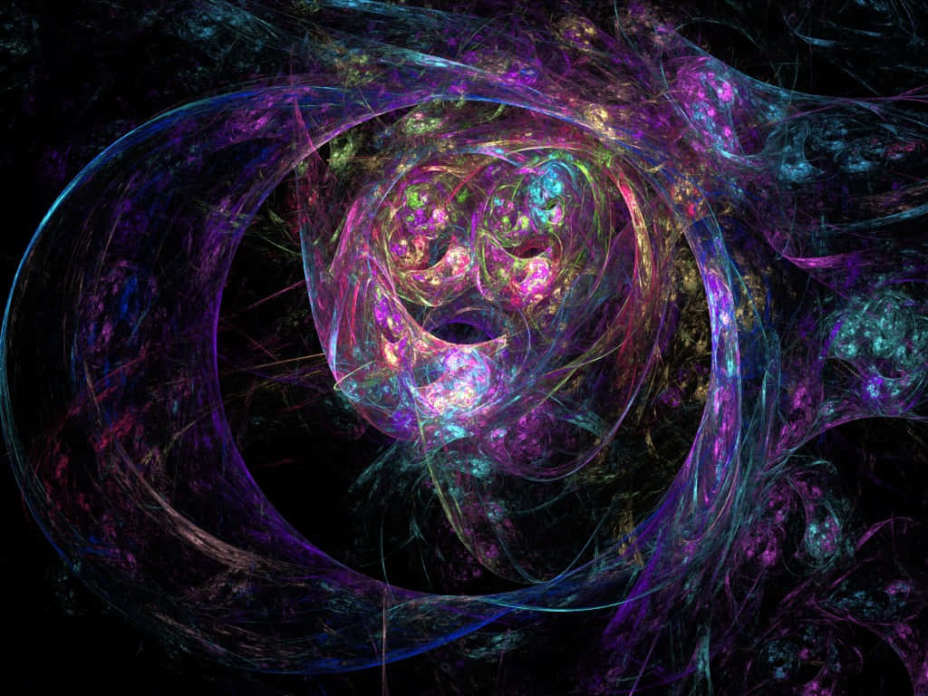 色彩繽紛的分形圖案在宇宙虛空中旋轉，帶有發光的霓虹色調。