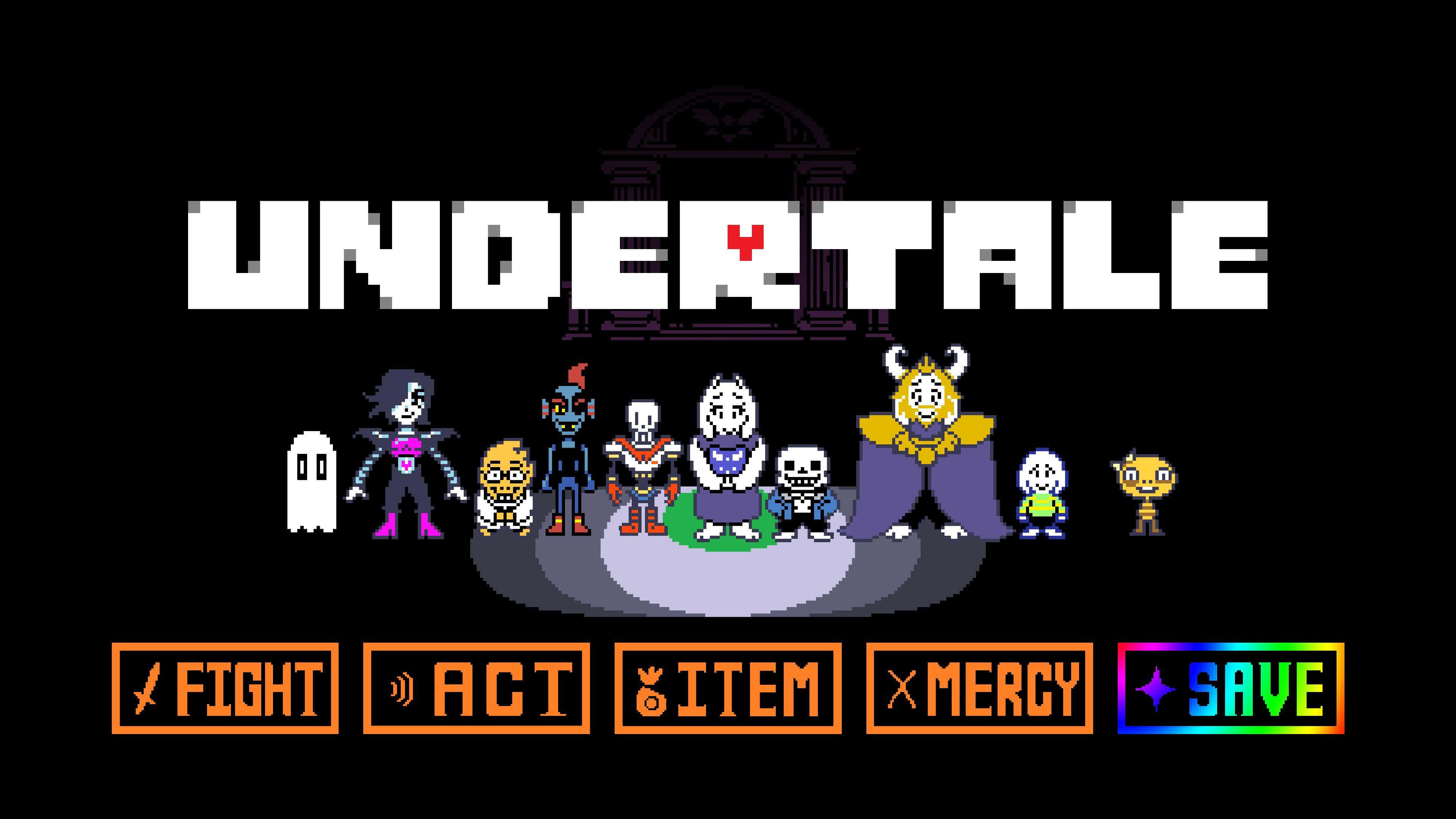 歡迎進入瘋狂又奇妙的《Undertale》世界 壁紙 — Undertale 的像素藝術遊戲標題畫面，城堡拱門下顯示主要角色和戰鬥菜單選項。
