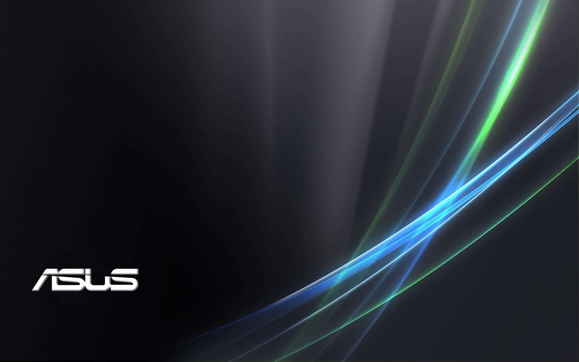 帶有發光藍色和綠色光線條紋及 ASUS 標誌的抽象數碼壁紙。
