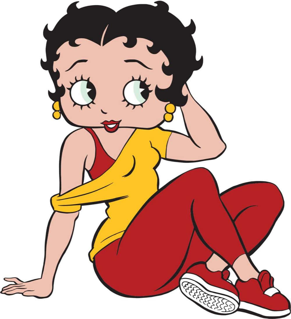 歡迎進入貝蒂·布oop的世界！ 壁紙 — 經典卡通角色 Betty Boop 身穿鮮豔的紅黃色服裝，表情俏皮地隨意坐著。