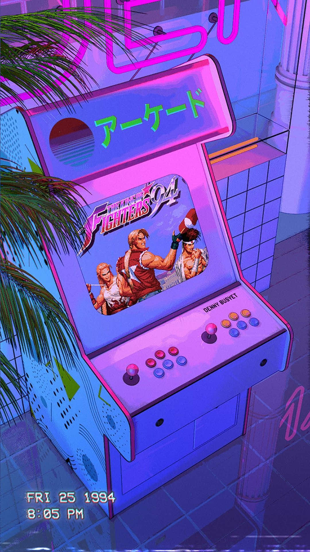 復古街機，帶有《The King of Fighters '94》遊戲，在霓虹燈和棕櫚葉下。