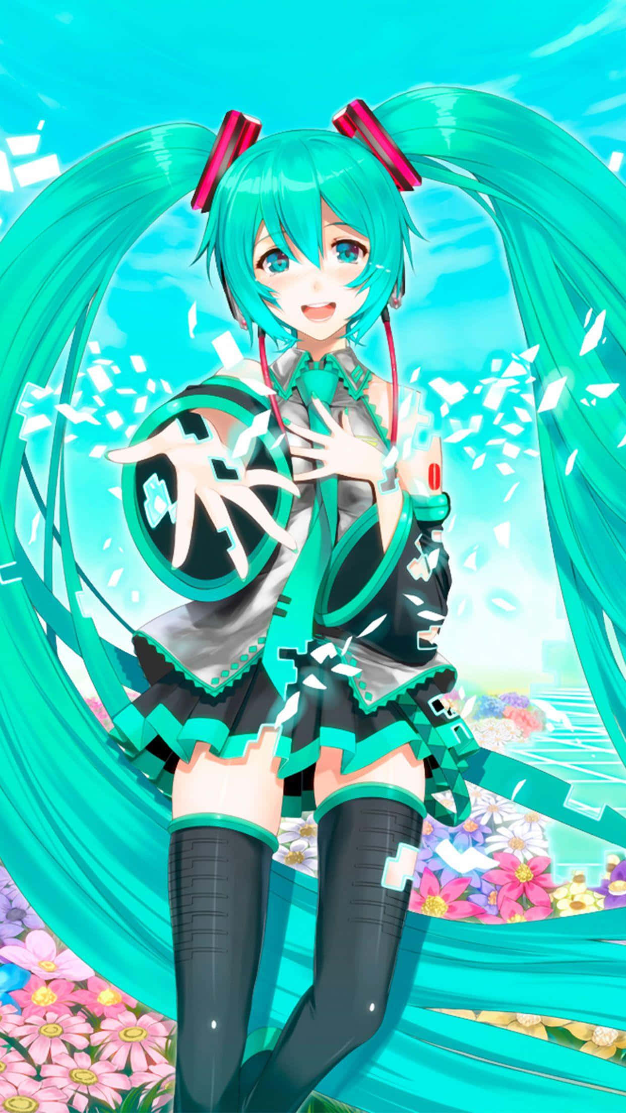 歡迎進入音樂世界，與初音未來同行。 壁紙 — 一個開心的動漫女孩，擁有藍綠色雙馬尾和黑色服裝，站在飄浮的花瓣和花朵之中，背景是明亮的藍天。