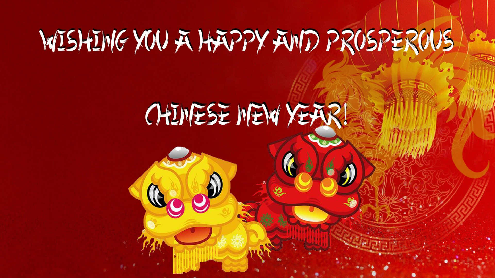 歡迎鼠年到來！ 壁紙 — 兩個充滿活力的卡通舞獅人物，身穿紅色和金色，在帶有燈籠和文字的節日紅色背景前慶祝農曆新年。