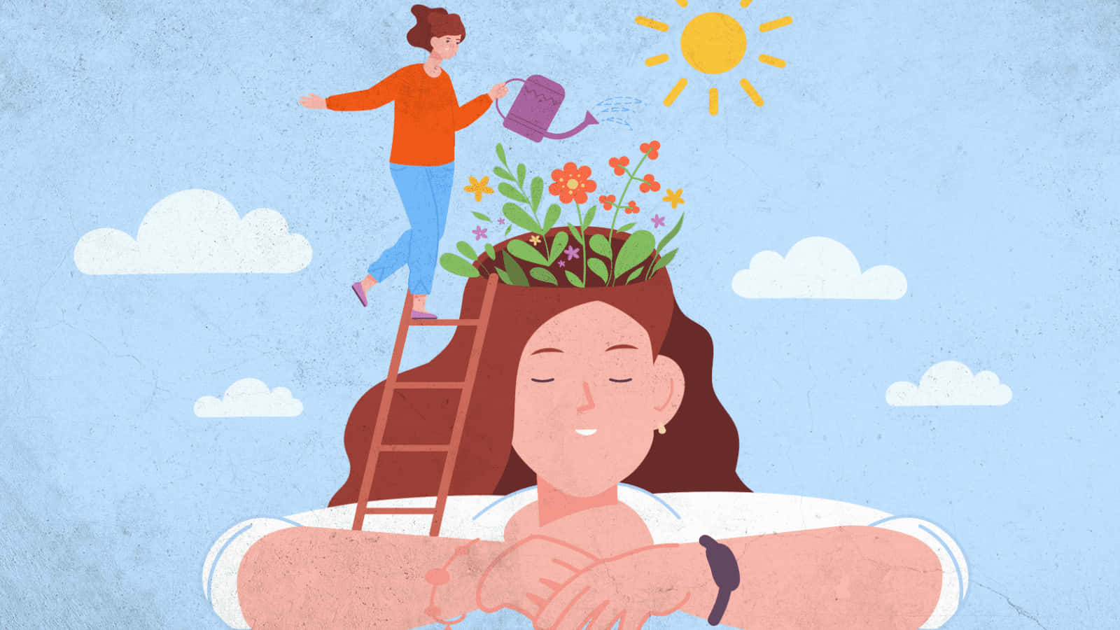 正向思考女性花束圖像 壁紙 — 一位女士正在放鬆，而一個較小的她自己正在為從她頭上長出的花朵澆水，天空晴朗。