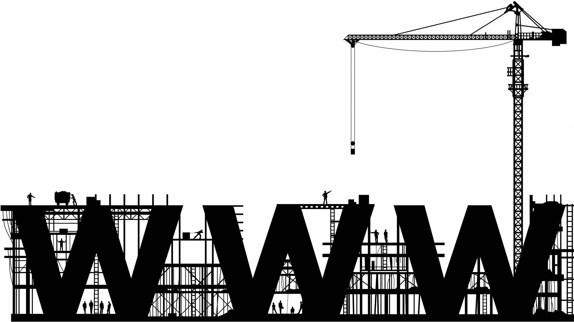 正在建設中的網站與吊車 壁紙 — 白色背景上，建築工人用起重機建造巨型 WWW 字母的剪影。