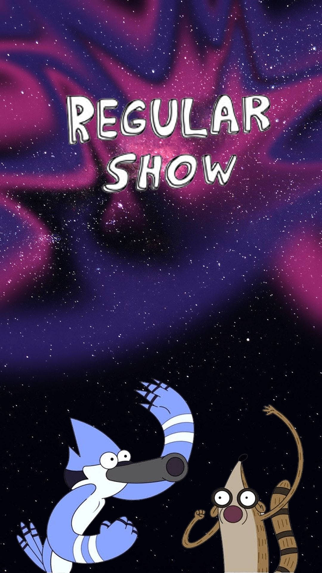 正太秀 星際背景 壁紙 — 兩隻卡通動物漂浮在佈滿星星的紫色星雲中，上方漂浮著「REGULAR SHOW」字樣。