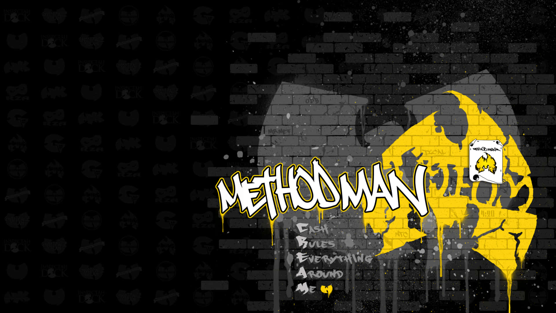 正宗武當幫標誌 壁紙 — 大膽的黃色塗鴉拼寫「METHODMAN」，沿著深色磚牆滴落，帶有Wu-Tang Clan標誌和標語。