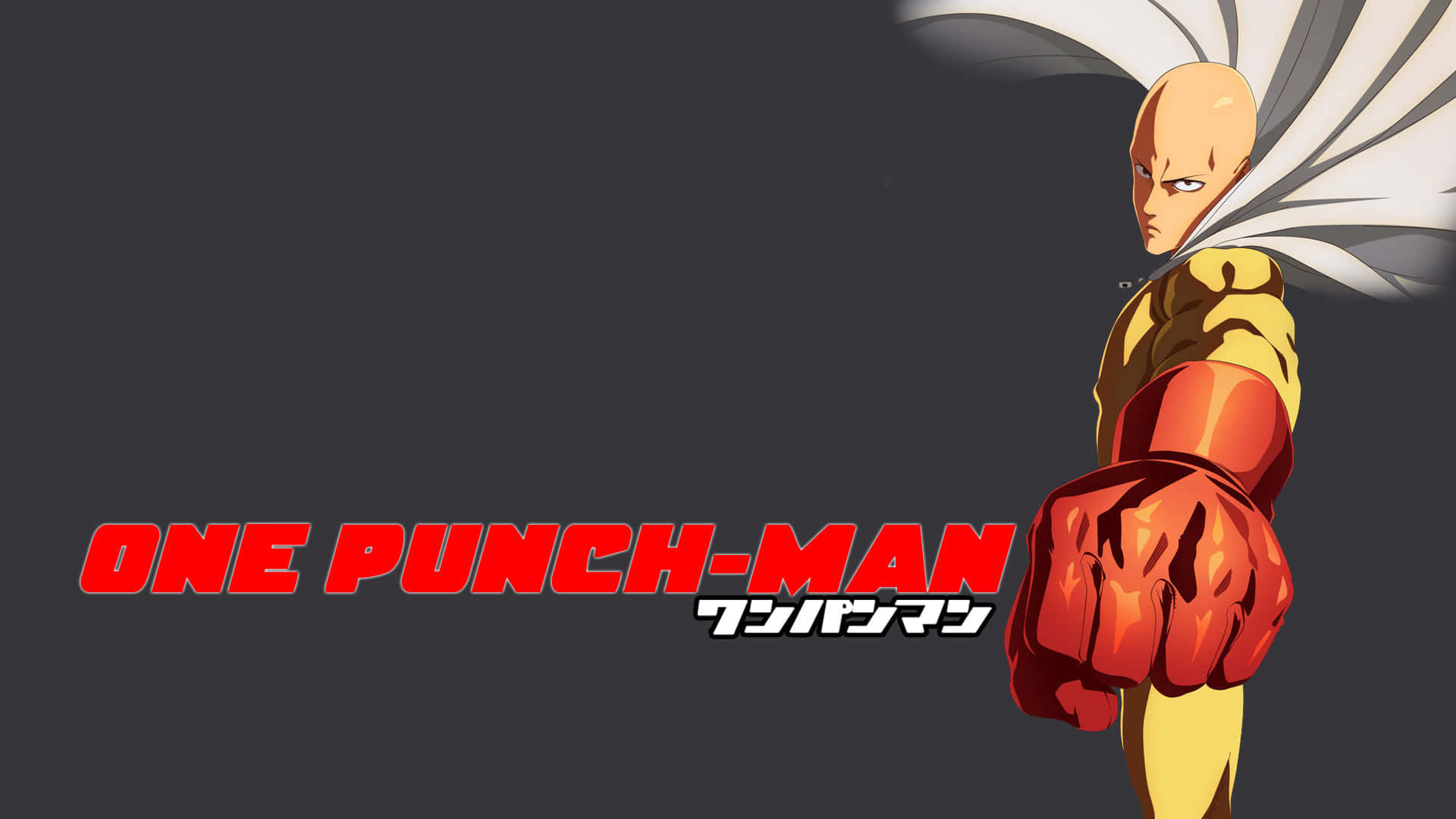 One Punch Man 動畫角色，戴紅色手套，穿黃色西裝，背景深色。
