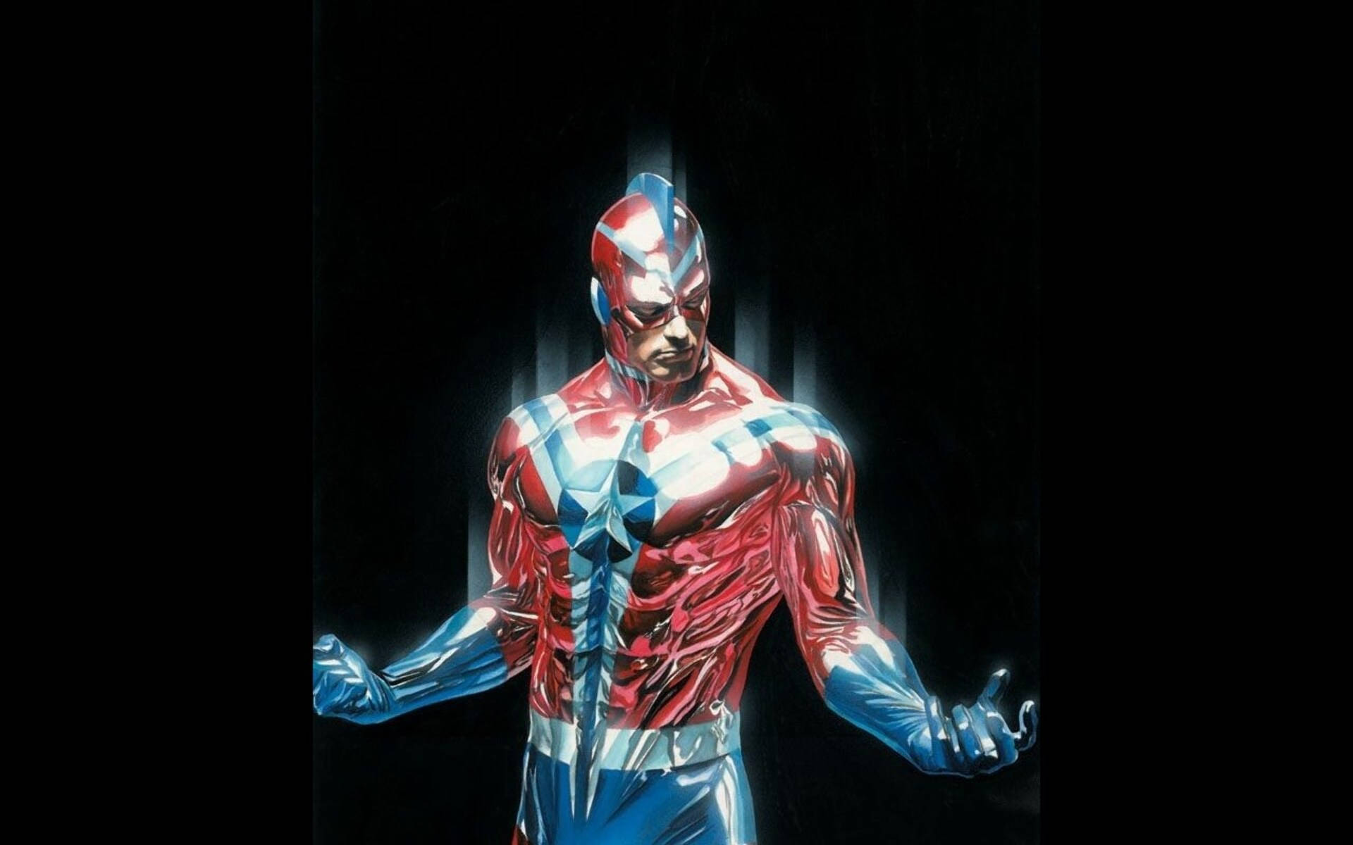 正義協會：Commander Steel 壁紙 — 一個肌肉發達的超級英雄穿著閃亮的紅、白、藍色戰衣，自信地站在黑暗背景前，背景有發光的垂直光條。