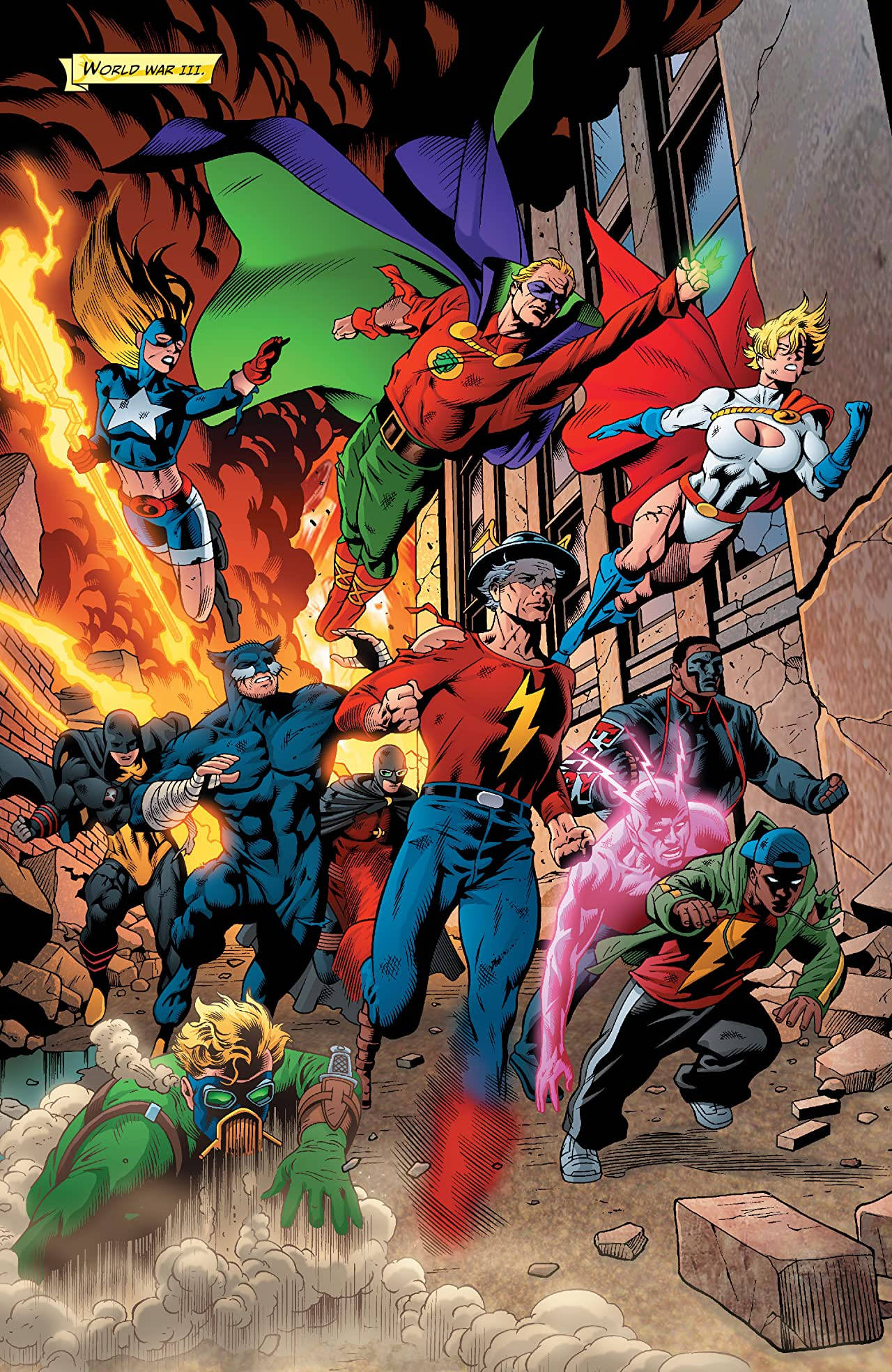 正義協會 DC Rebirth 壁紙 — 身穿鮮豔服裝的超級英雄在火焰和煙霧籠罩的 crumbling 城市景觀中戰鬥。