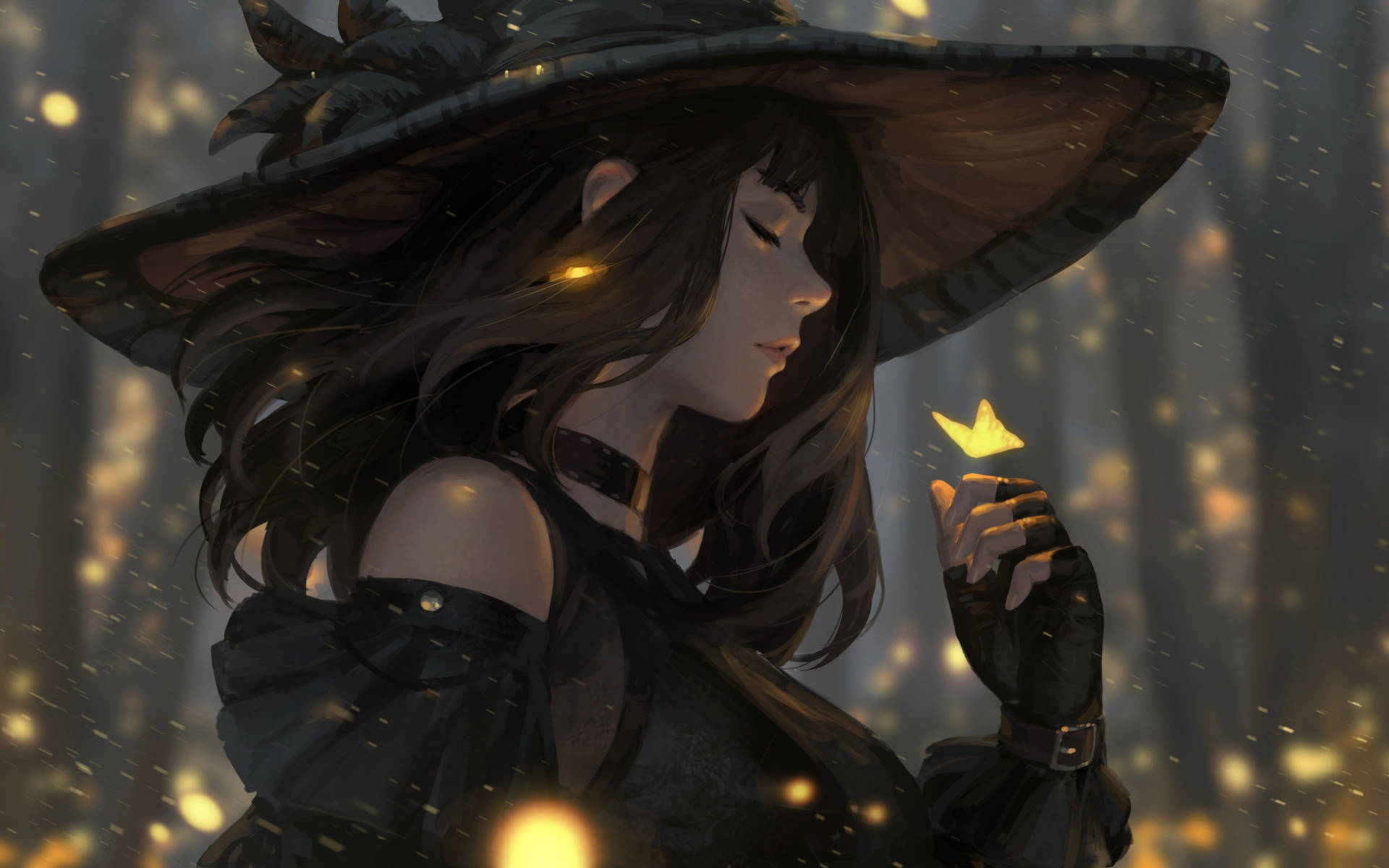 動漫女巫在黃昏時分的魔法森林中捧著發光的蝴蝶。