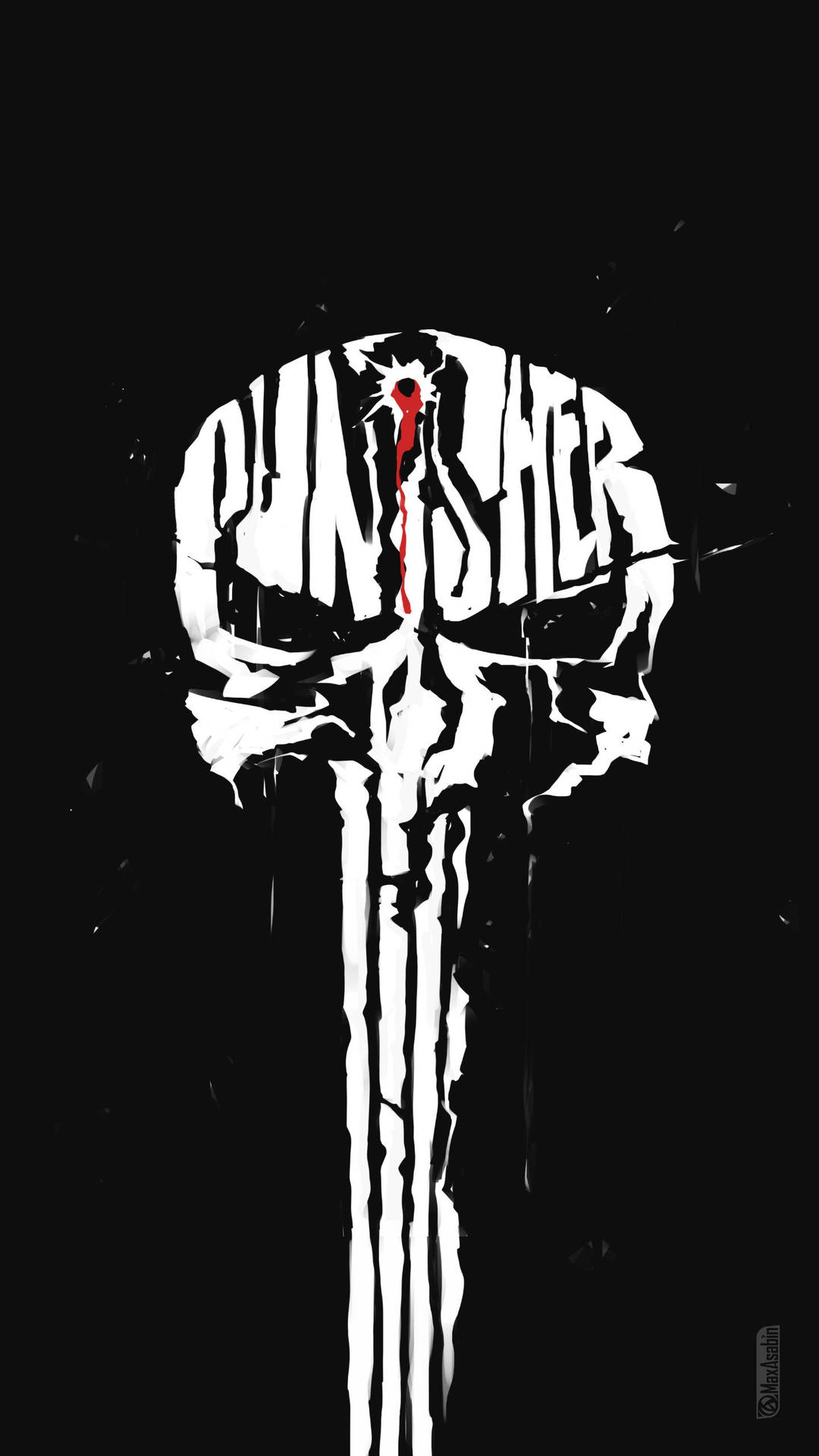 白色 Punisher 頭骨標誌，帶有紅色血滴，黑色背景。