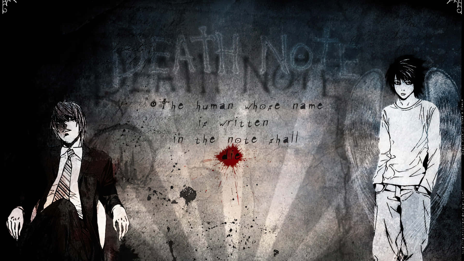 兩個動漫角色在一個黑暗的房間裡，有「DEATH NOTE」塗鴉和血。