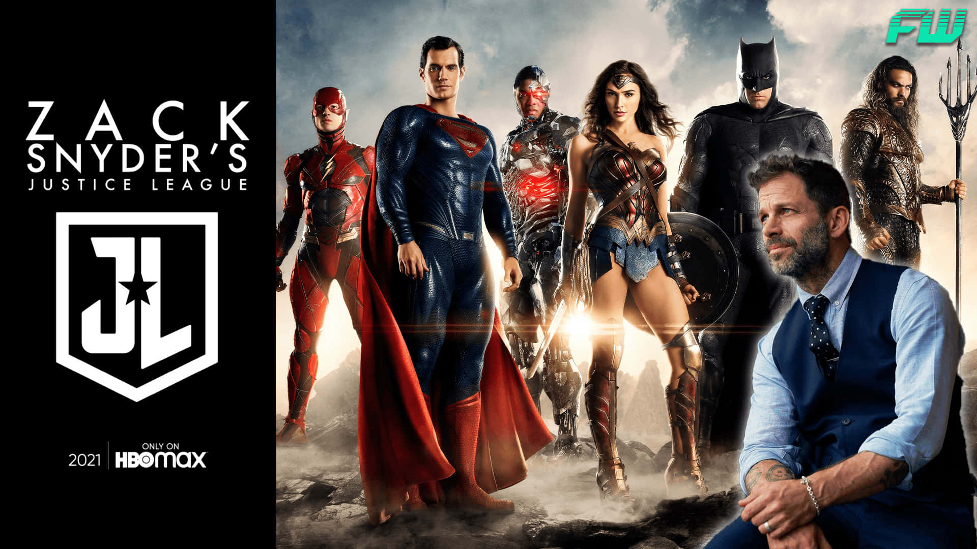 Zack Snyder's Justice League 超級英雄團隊，包括超人、神奇女俠和蝙蝠俠，擺出戲劇性的姿勢。