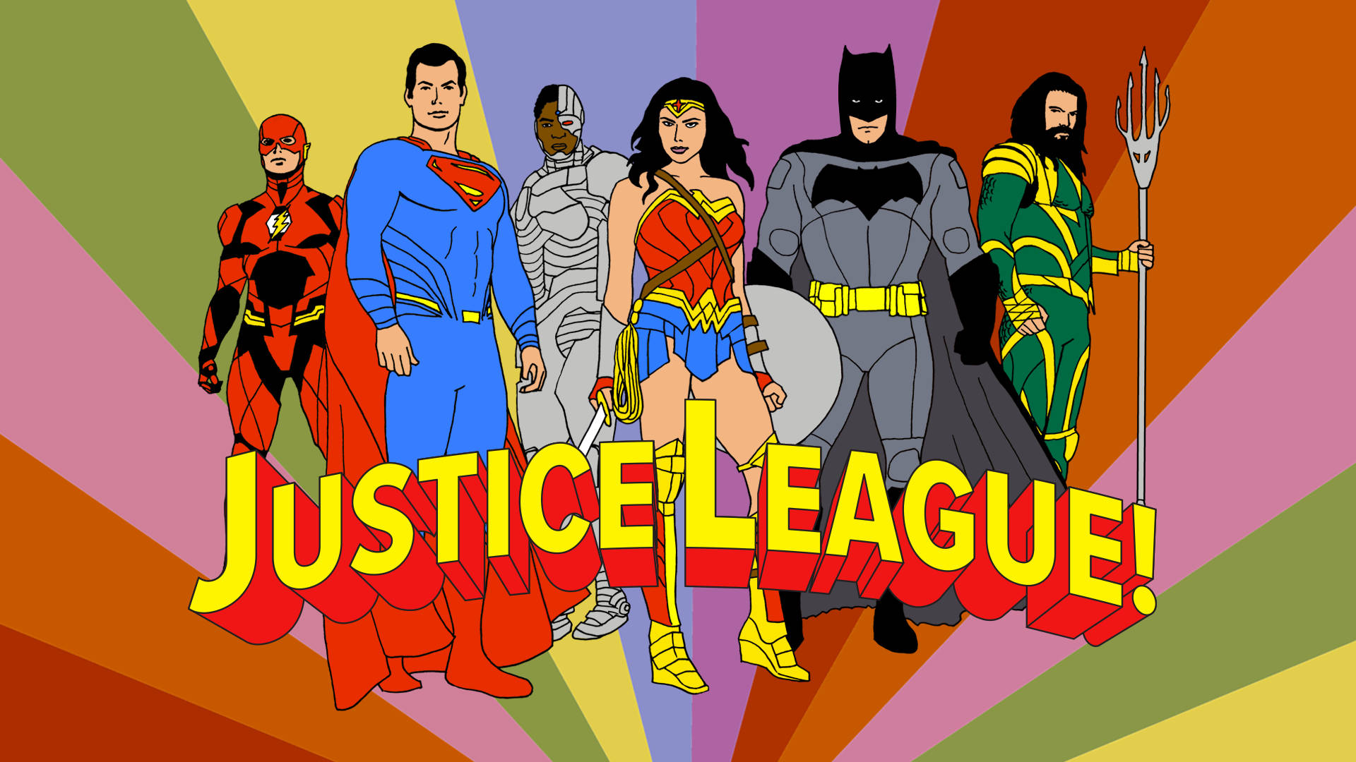 正義聯盟的六位超級英雄排成一排，站在彩虹背景前。
