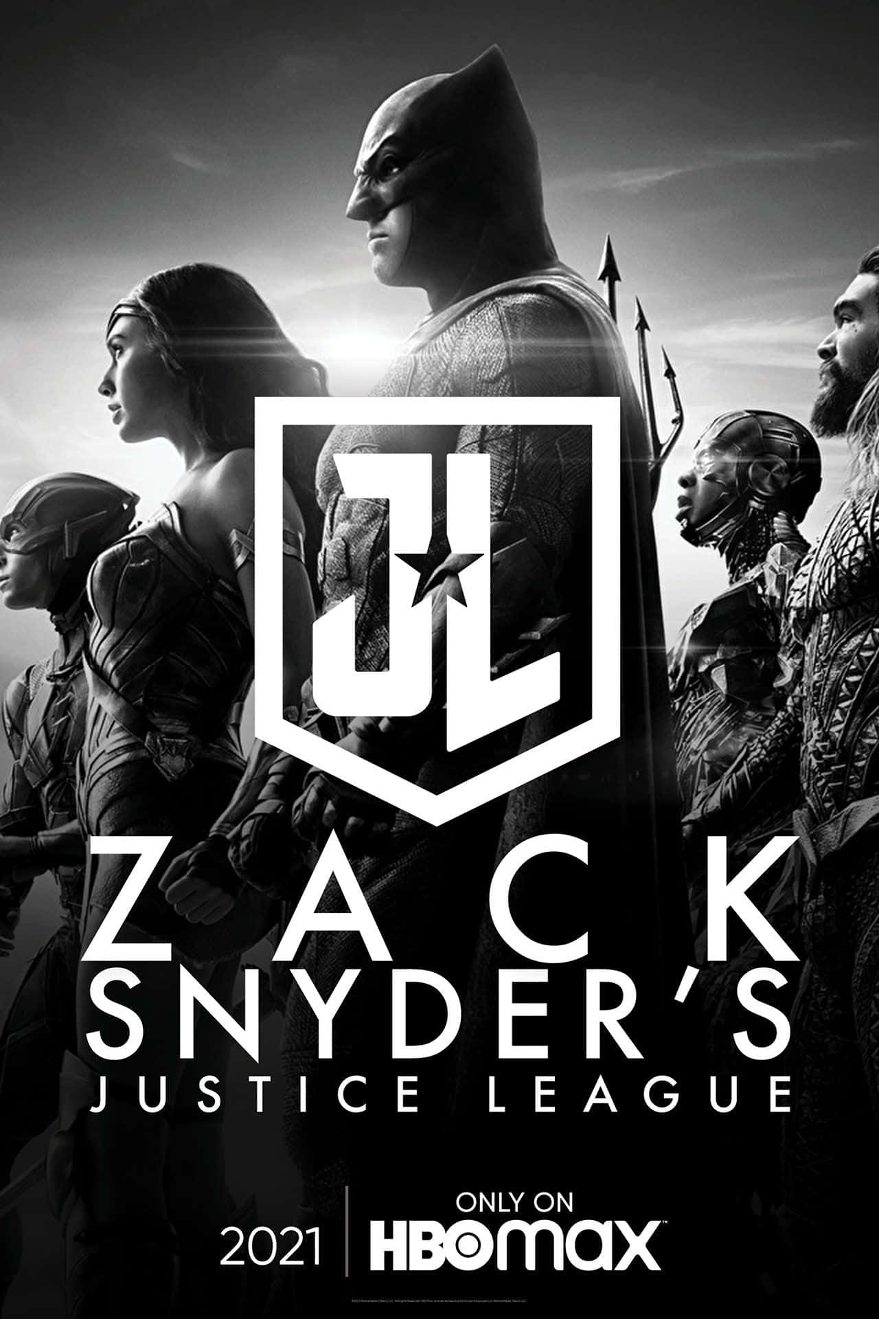 Zack Snyder 的《正義聯盟》電影海報，以黑白呈現蝙蝠俠、神奇女俠及其他英雄。