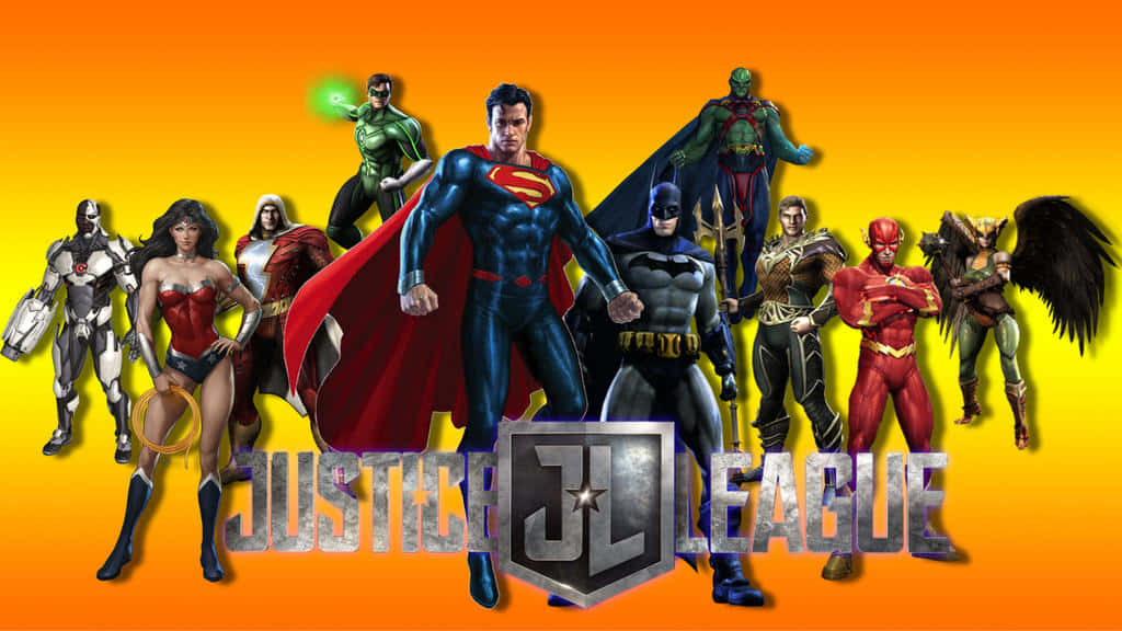 Justice League Unlimited 桌布 壁紙 — 正義聯盟英雄地站在鮮豔的橙色漸變背景前，帶有醒目的金屬標誌。