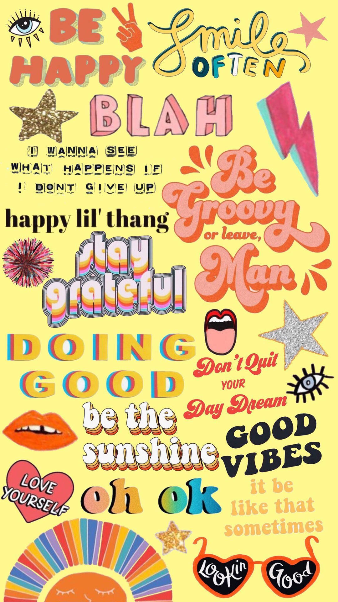 在黃色背景上使用彩色復古字體和有趣圖標的勵志名言拼貼。