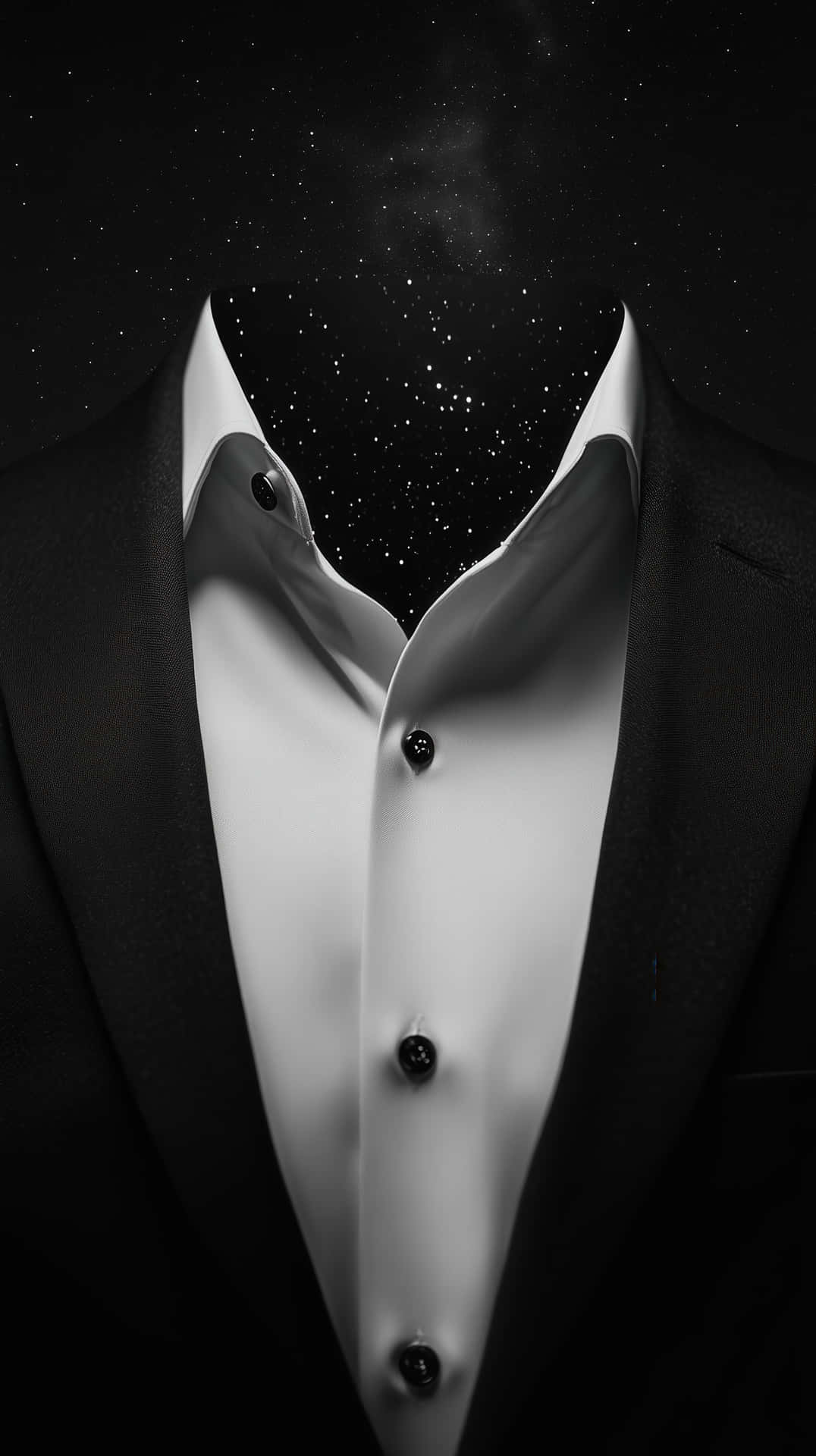 正裝與星辰交融的超現實抽象設計 壁紙 — 一件黑色禮服恤衫，打開領口露出本應是頭部位置的星空夜空。