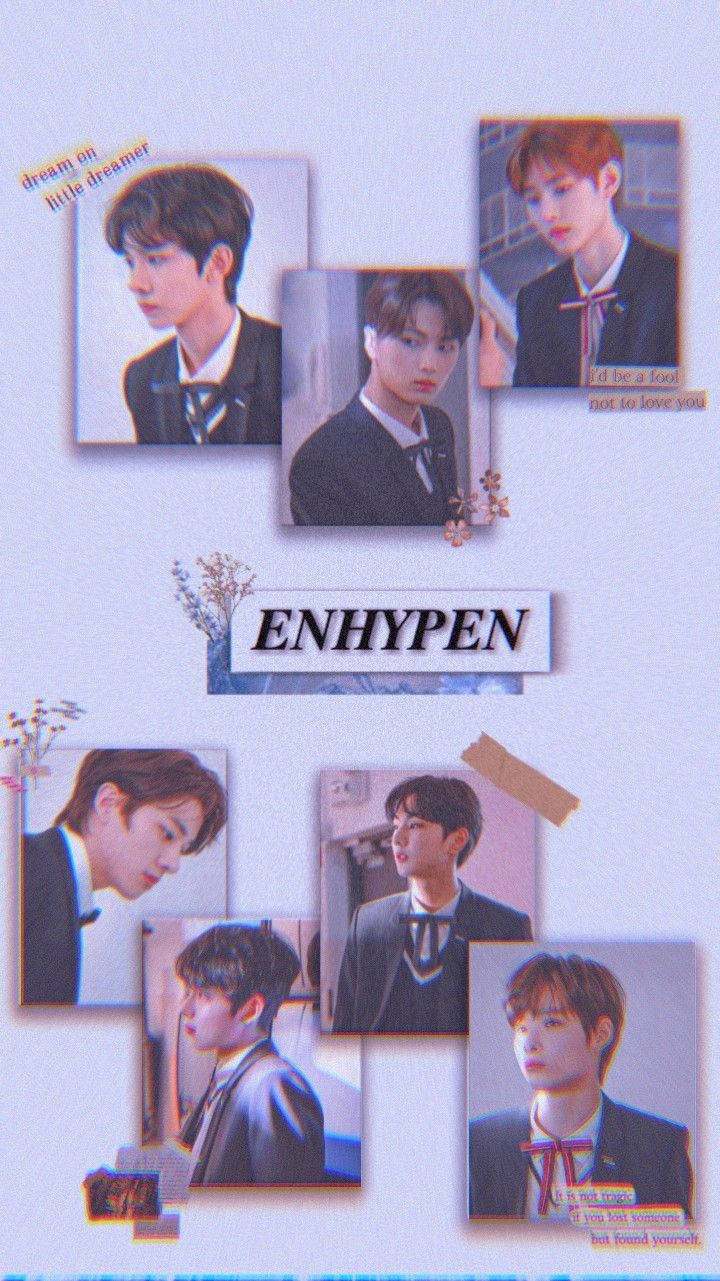 ENHYPEN 成員身穿校服的拼貼照片，附有裝飾文字和花卉點綴。