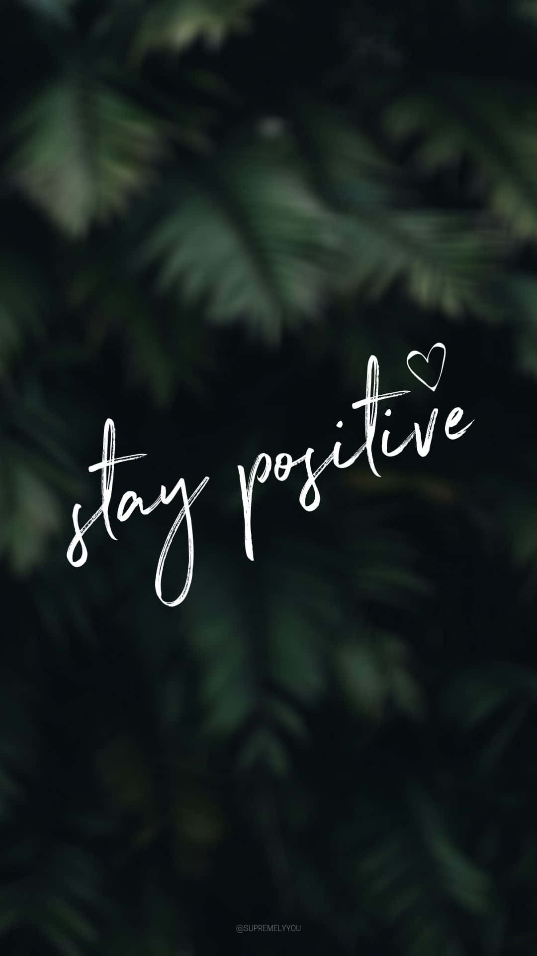 正面展望，迎接更光明的未來 壁紙 — 白色草書文字寫著 stay positive，i 上面有一顆心，背景是模糊的深綠色樹葉。