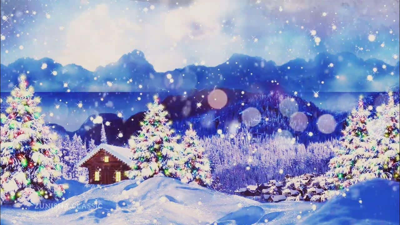 雪地冬日森林中的舒適小屋，帶有發光的燈光和飄落的雪花。