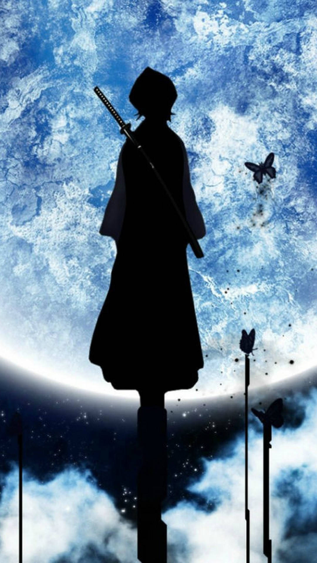 武士剪影手持武士刀，藍色宇宙天空與蝴蝶