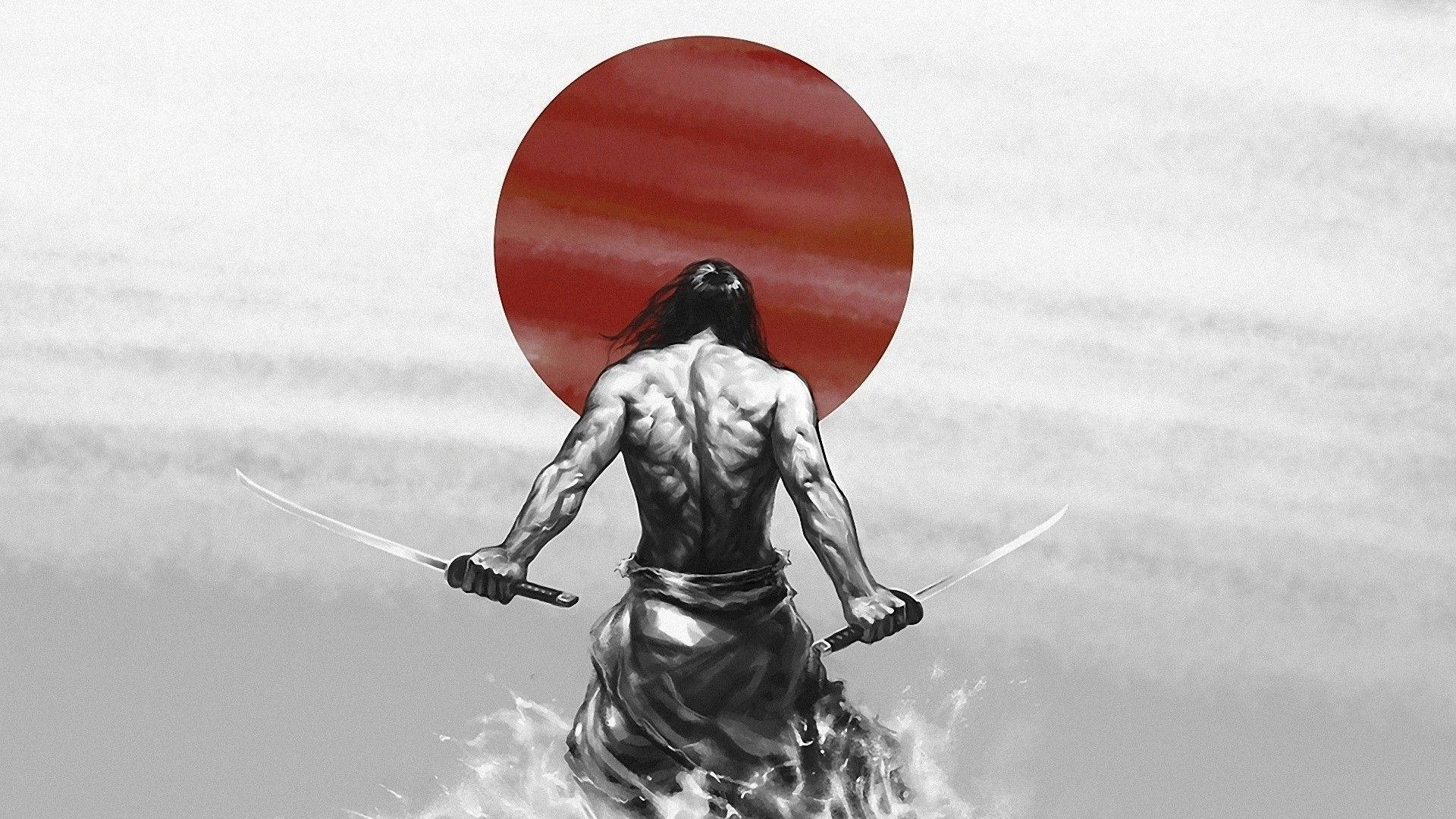 肌肉發達的武士戰士手持兩把劍，背景為紅太陽。