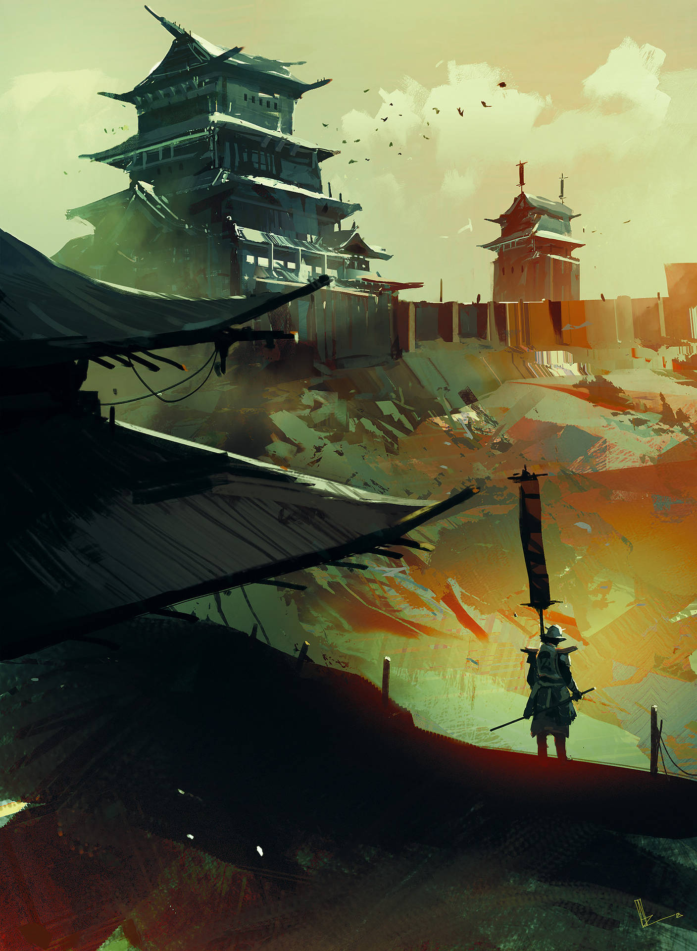 武士戰士在橋上手持旗幟，面向夕陽下的遠方城堡。