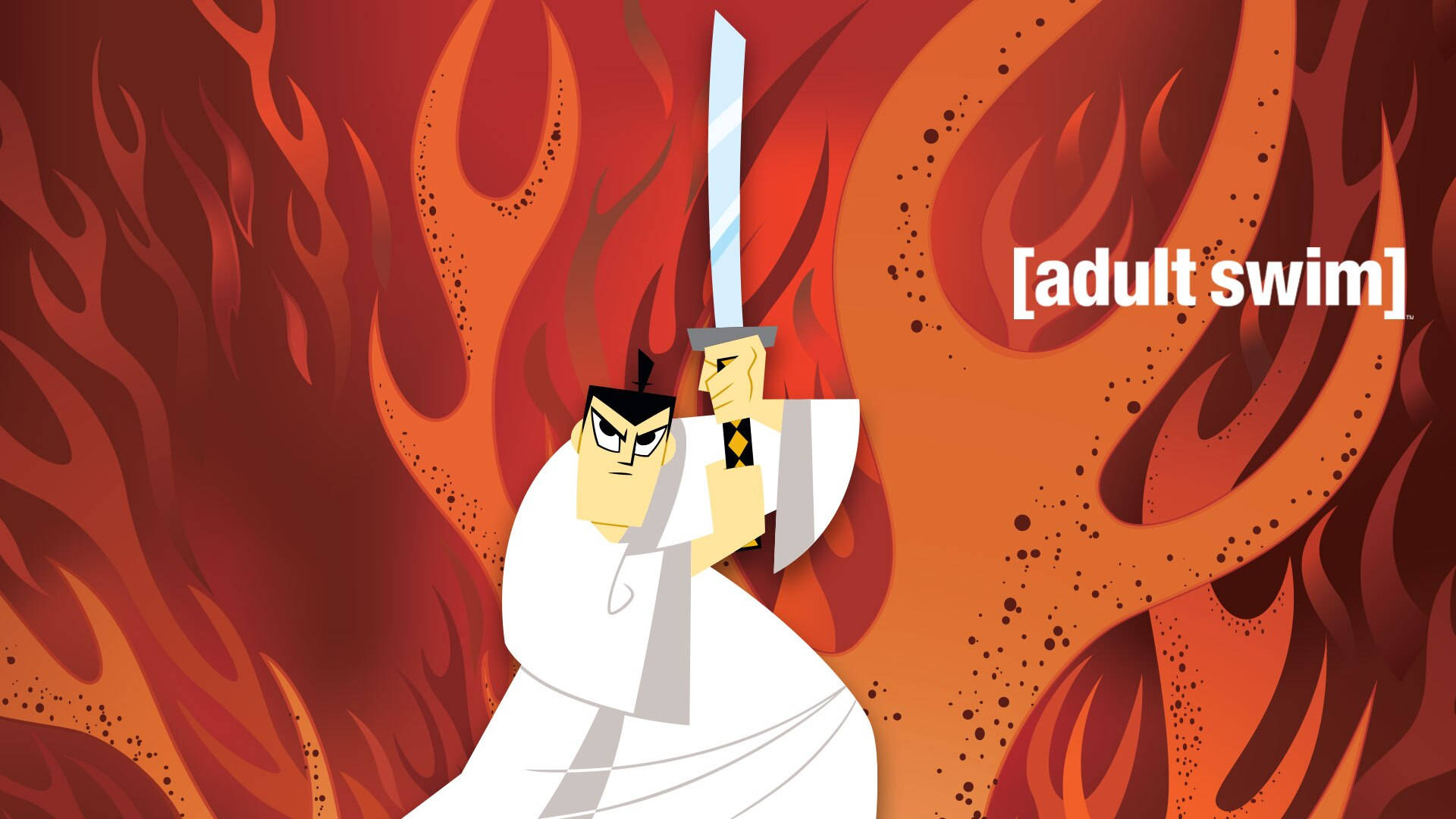 動漫武士戰士在火焰背景下持劍。