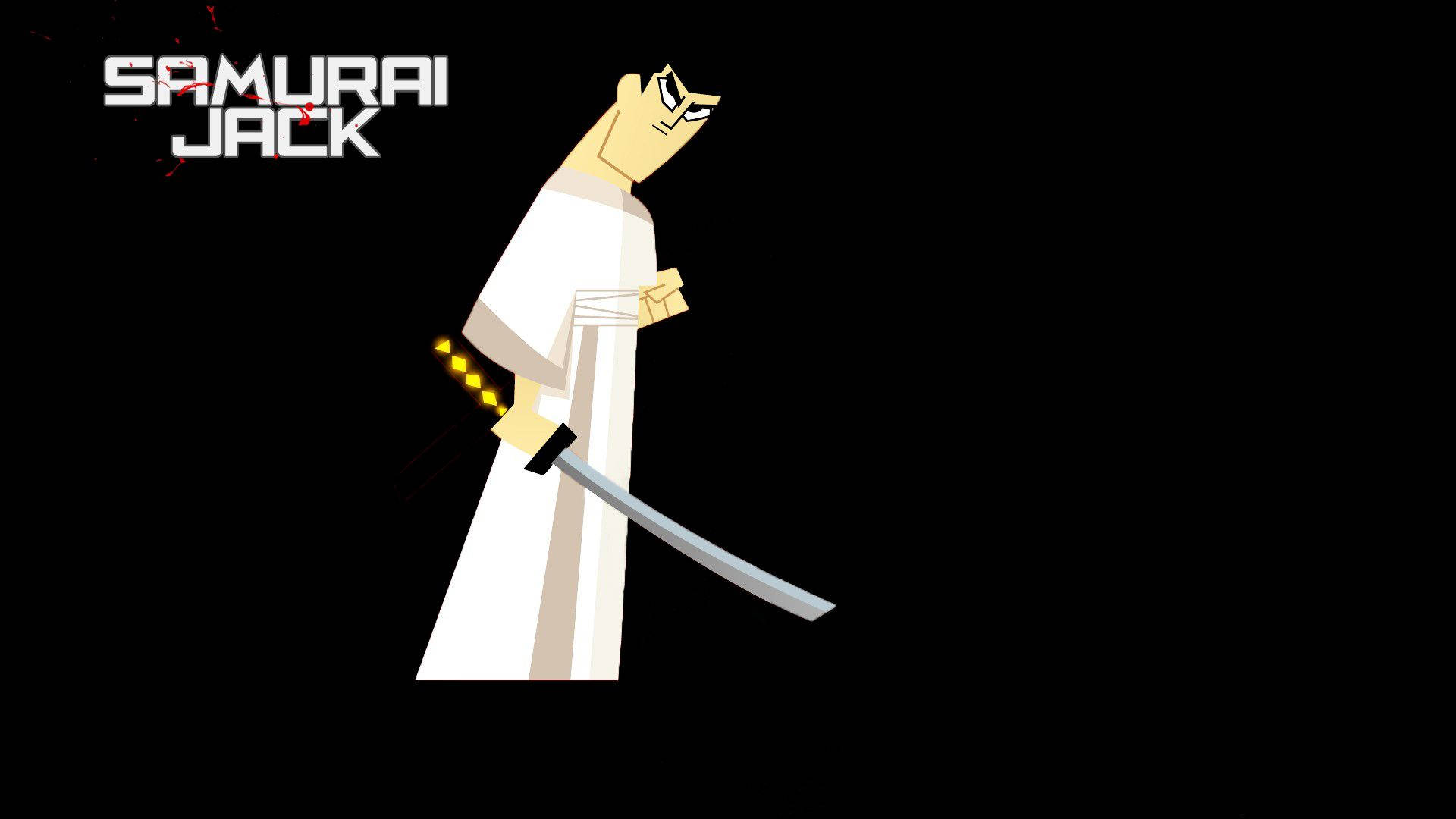 武士傑克卡通頻道角色 壁紙 — 武士傑克側身站在黑色背景前，手持一把刀柄發黃光的武士刀。