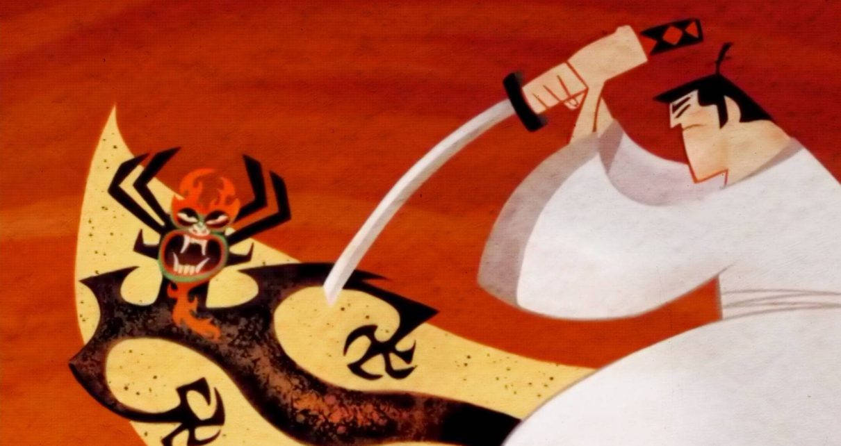 武士戰士在風格化的動漫藝術中用武士刀斬殺惡魔蜘蛛。