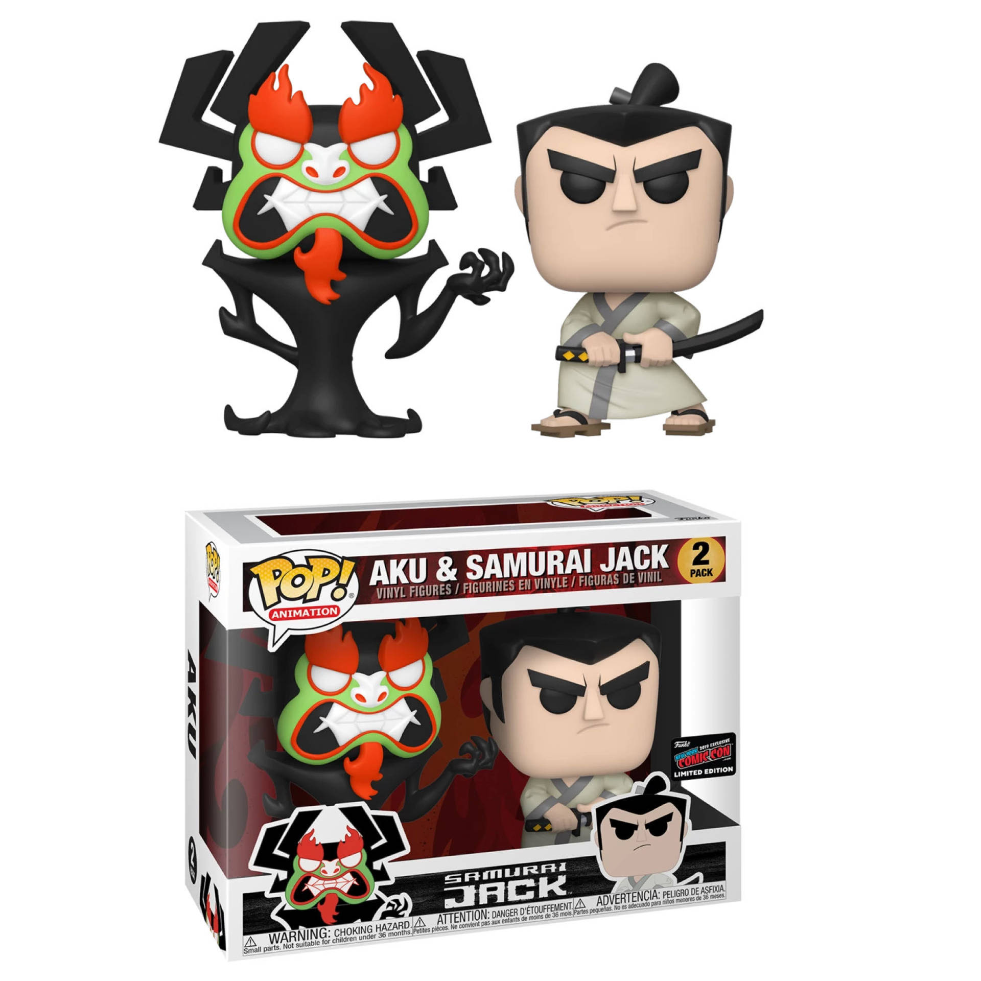 Samurai Jack與Aku的Funko Pop人偶及其包裝。