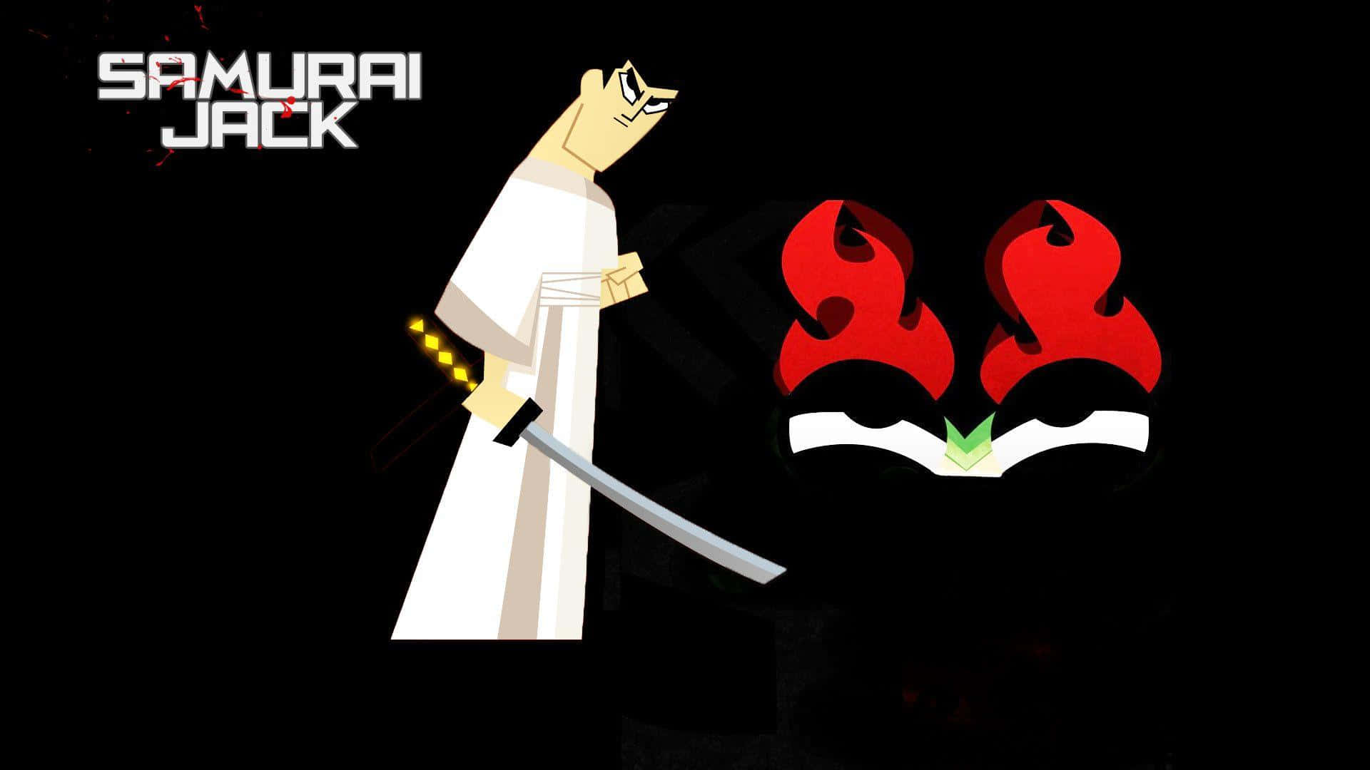 samurai jack 桌布 壁紙 — 武士傑克身穿白色長袍，手持劍，面對一個紅色火焰頭的惡魔，背景為黑色。