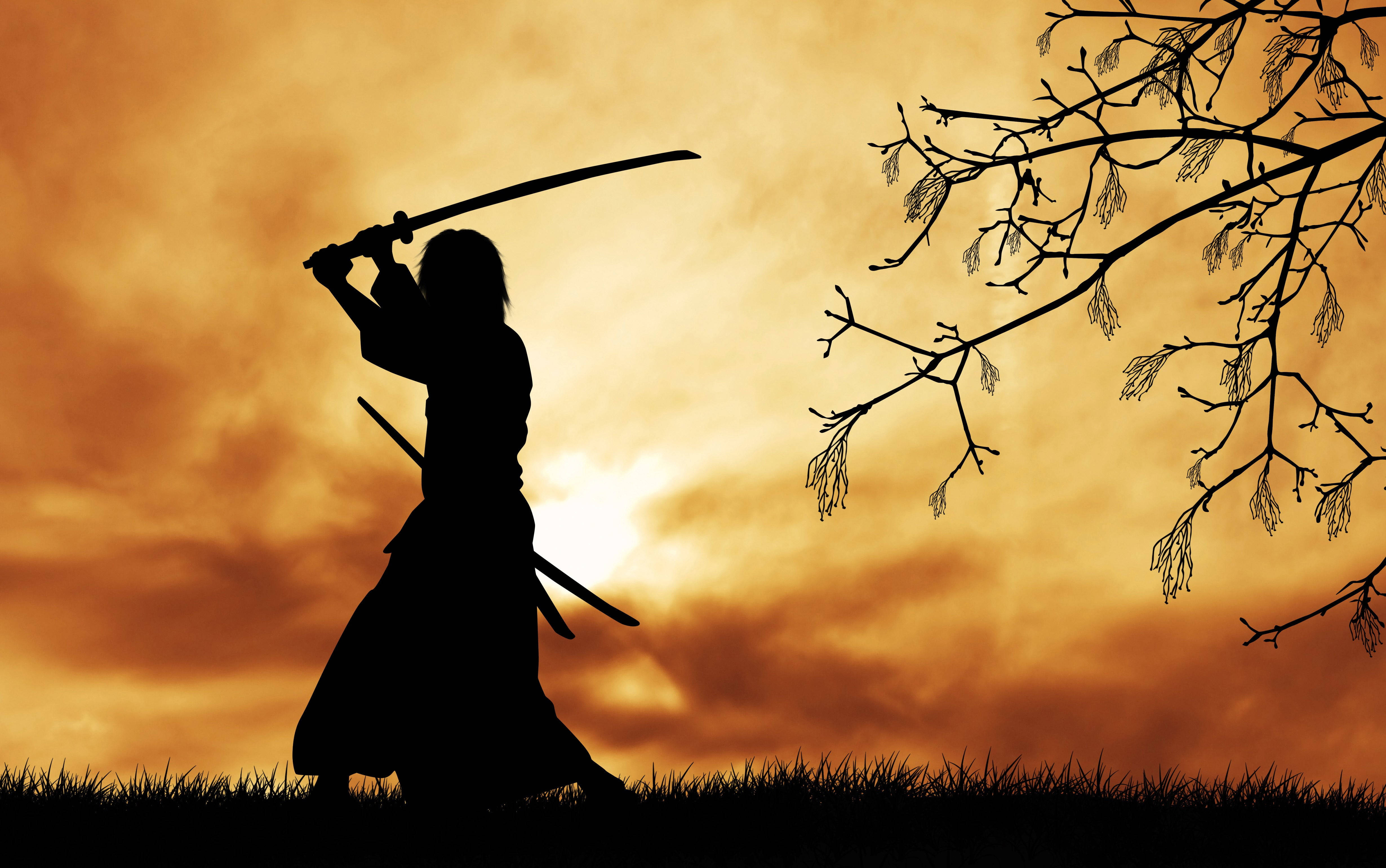 Japanese 桌布 壁紙 — 武士剪影，手持刀劍，背景是火紅的夕陽天空，由光禿的樹枝框住。