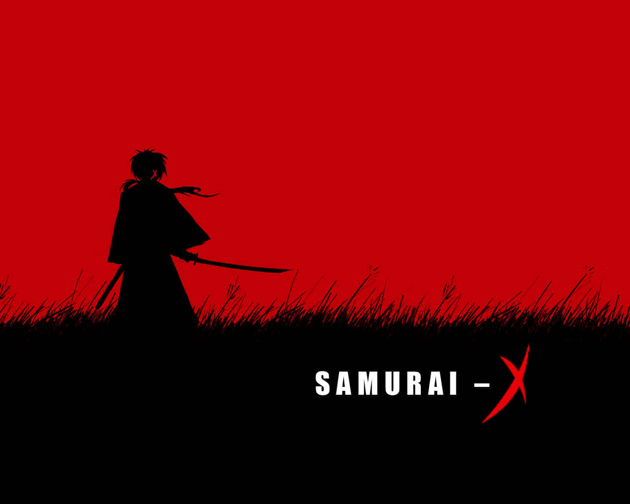 Samurai Movies 桌布 壁紙 — 武士剪影手持劍站立在高草中，背景為鮮紅色，帶有「SAMURAI-X」文字。