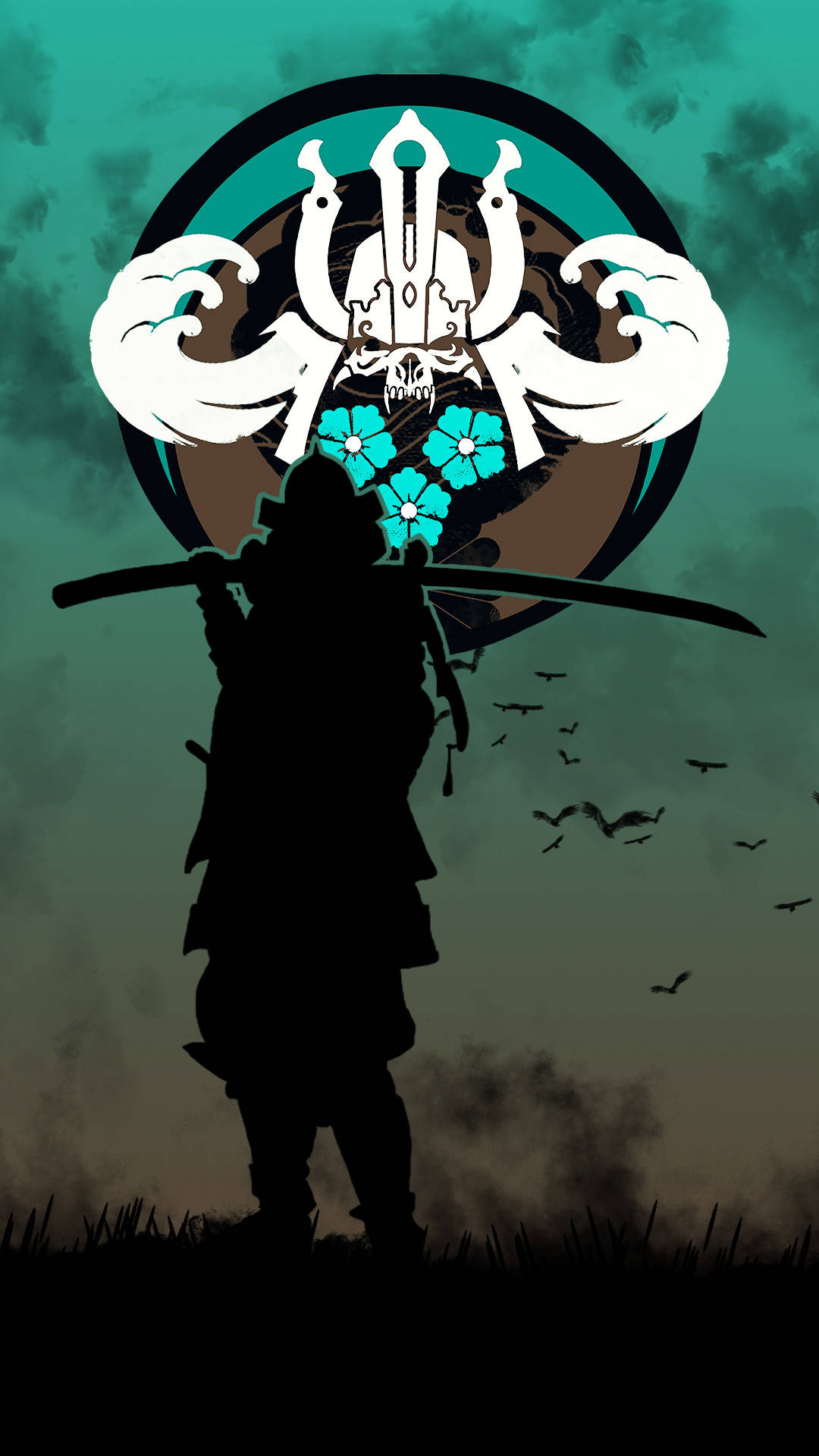 遊戲 桌布 壁紙 — 武士剪影手持武士刀，站在一個圓形徽章前，徽章上有骷髏、花朵和新月，背景是藍綠色和棕色的天空。