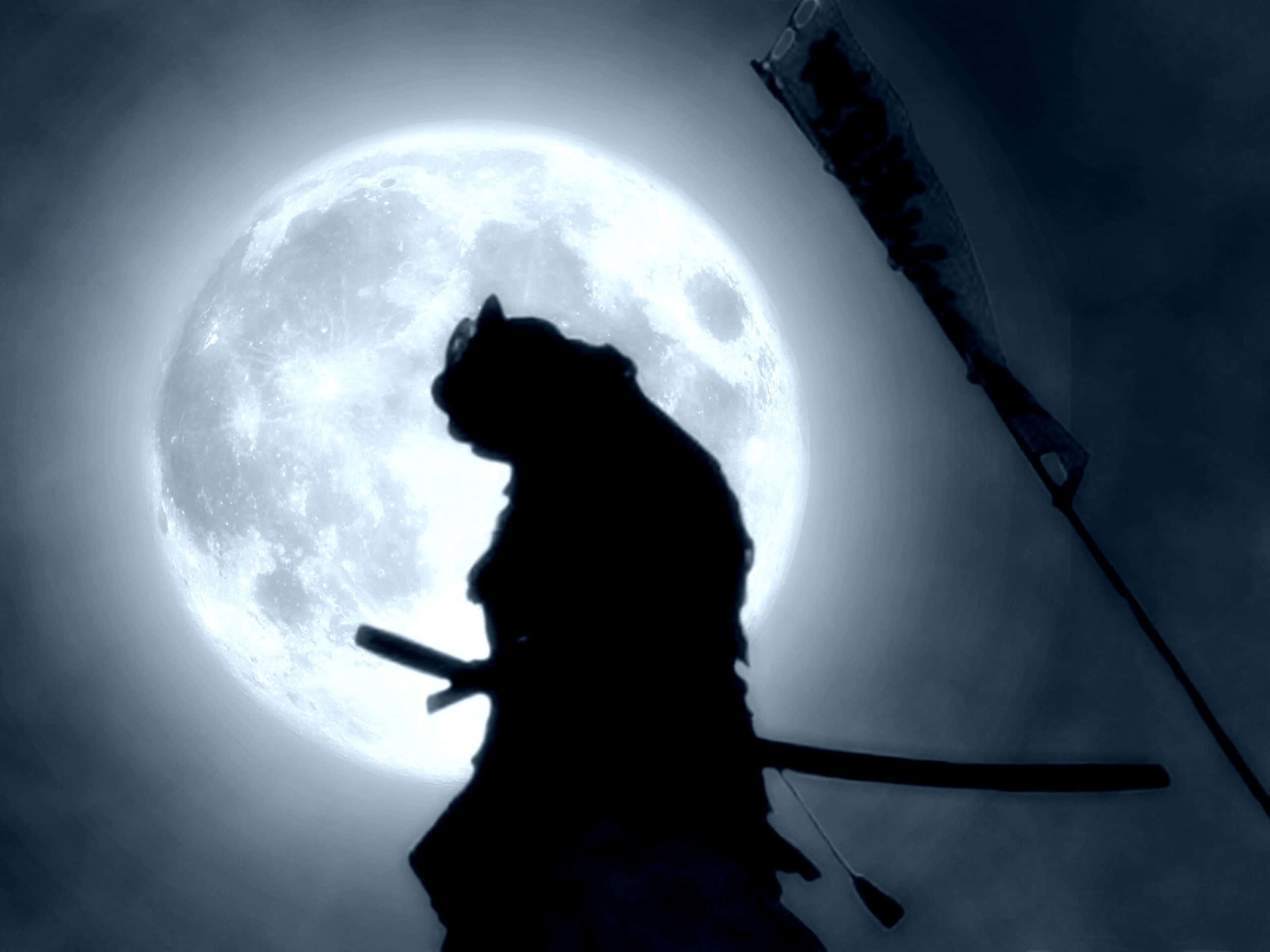 Bushido 桌布 壁紙 — 武士剪影手持武士刀，站在黑暗天空下巨大明亮的滿月前。