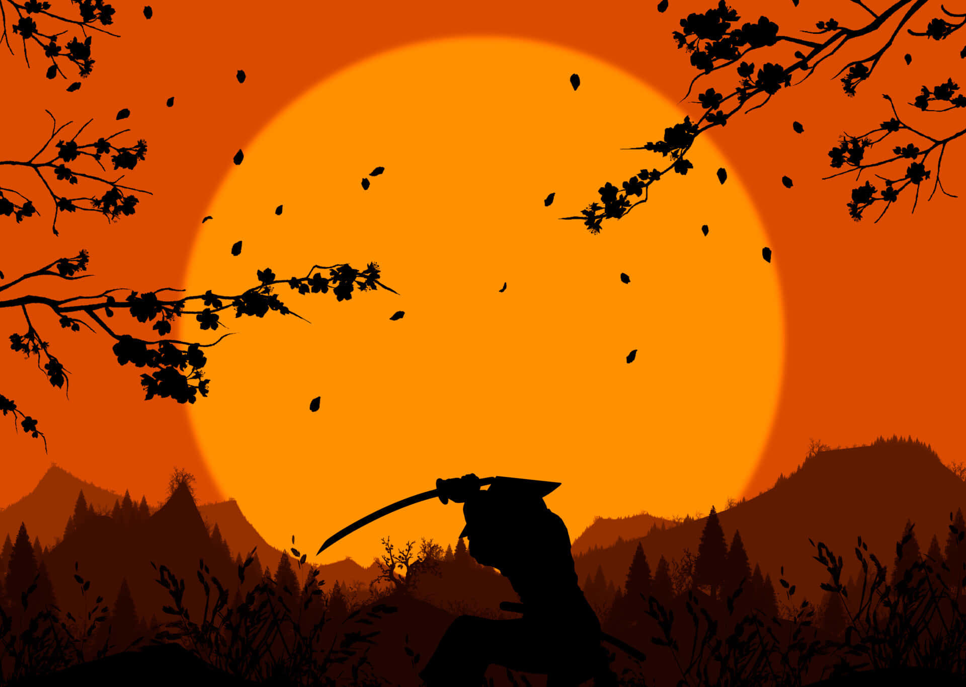 Samurai Landscape 桌布 壁紙 — 武士剪影手持武士刀，背景是巨大的橙色太陽、落葉和山巒地平線。