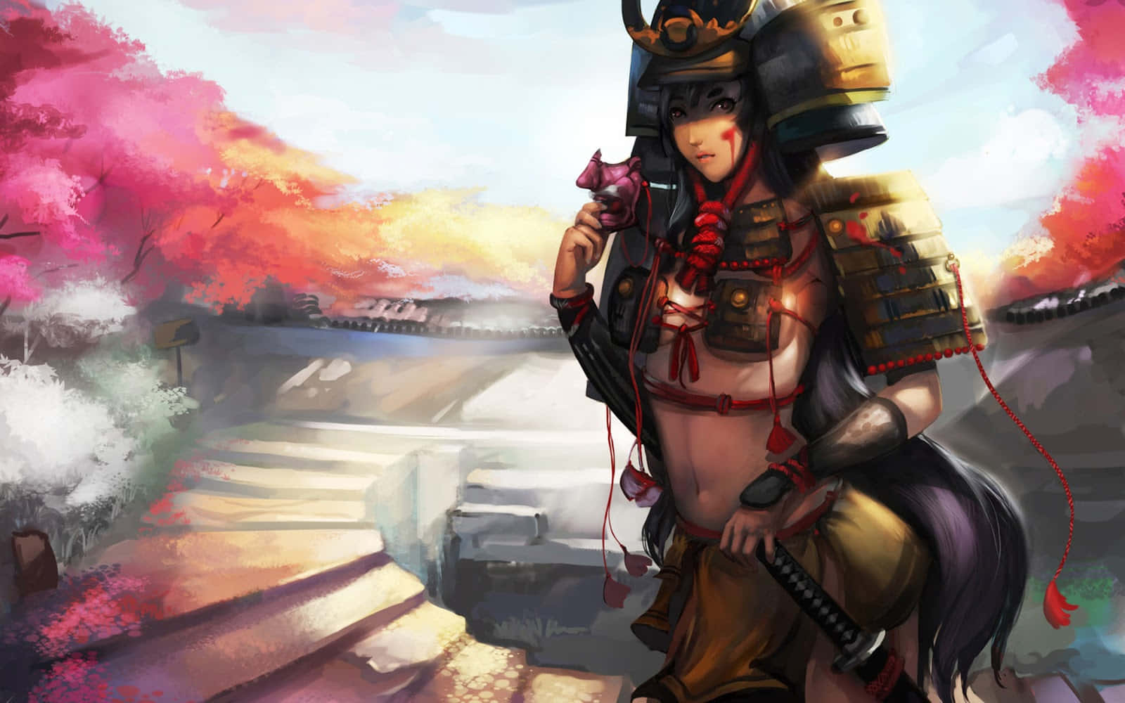 身穿盔甲的武士在櫻花下抱著一隻小狐狸，背景是日落。