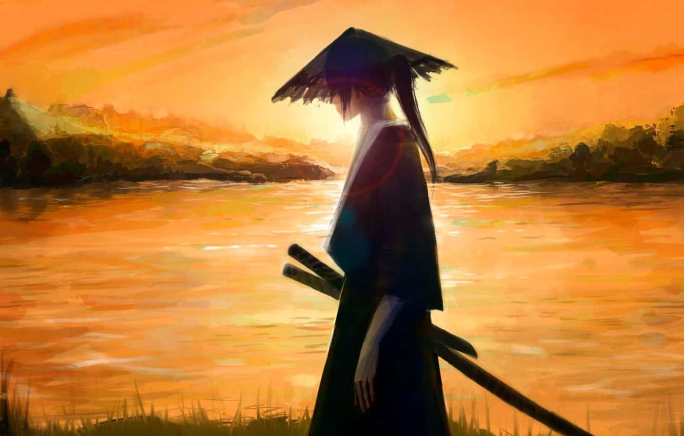 武士戰士在日落時站在河邊，戴著傳統帽子並攜帶劍。