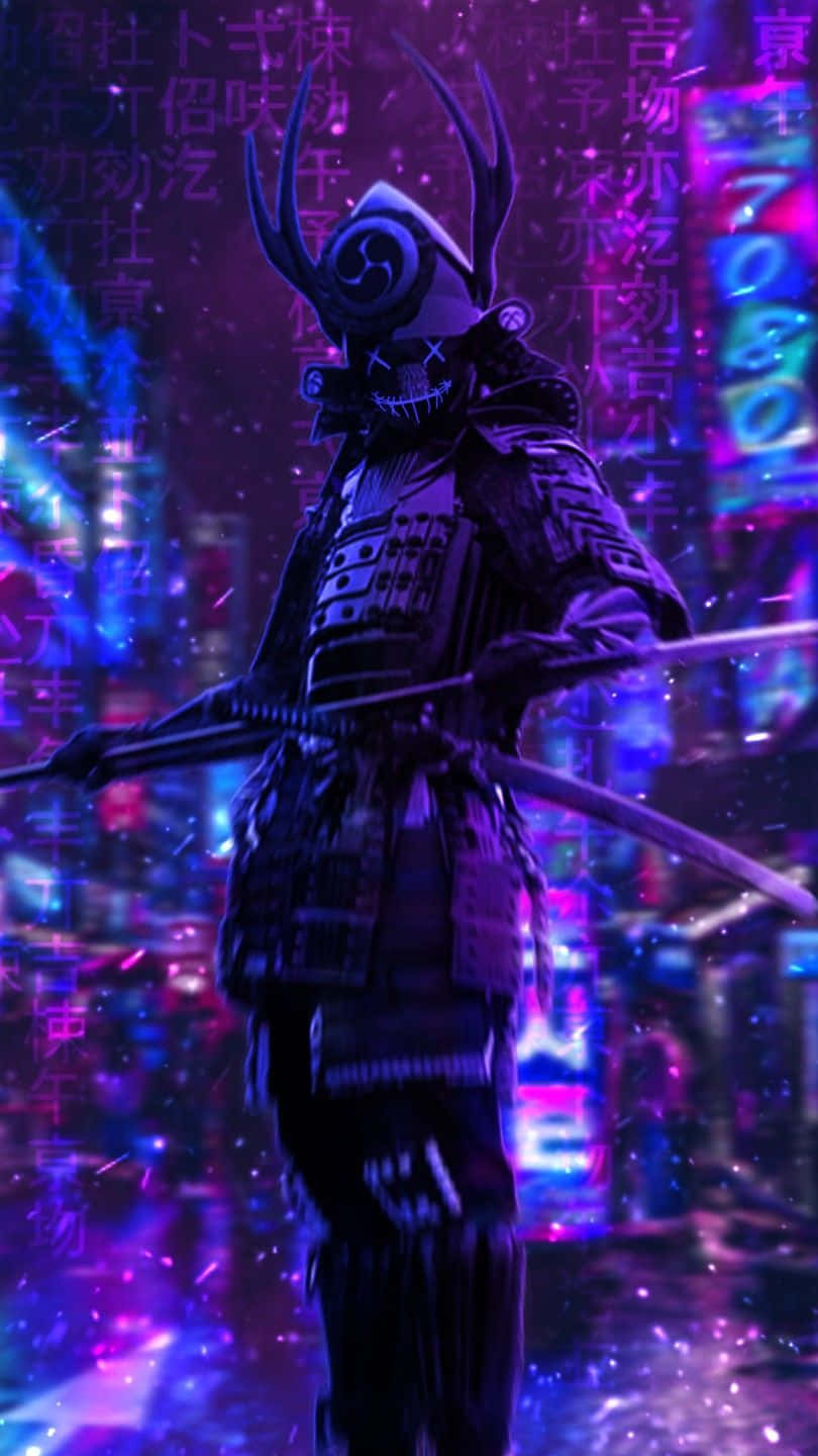 賽博龐克霓虹城市中的武士戰士，擁有發光的眼睛和漂浮的日文字。