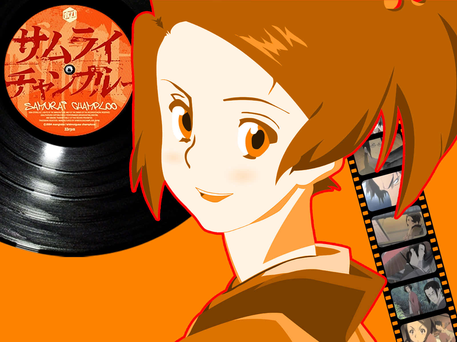 武士在《Samurai Champloo》中變得更強大 壁紙 — 動漫角色棕色頭髮在橙色背景旁微笑，旁邊有黑膠唱片和膠片條。