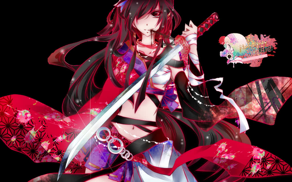 武士少女持劍動畫渲染 壁紙 — 一個引人注目的紅髮動漫女孩，在飾有櫻花和紅色布料的黑色背景上揮舞著武士刀。