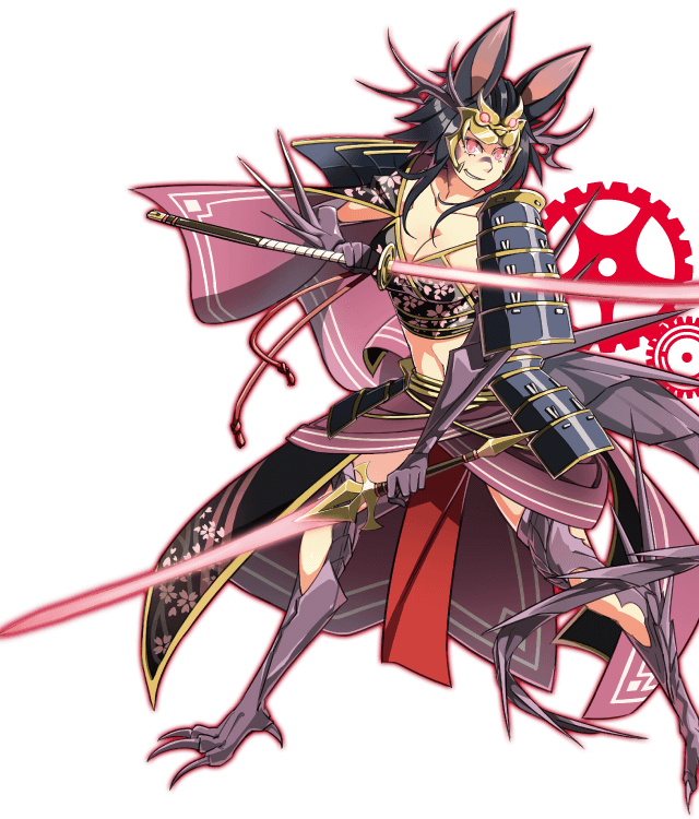 武士惡魔動畫角色 壁紙 — 一個兇猛嘅動漫武士女仔，有狐狸耳，喺機械齒輪背景下揮舞發光嘅紅色劍。