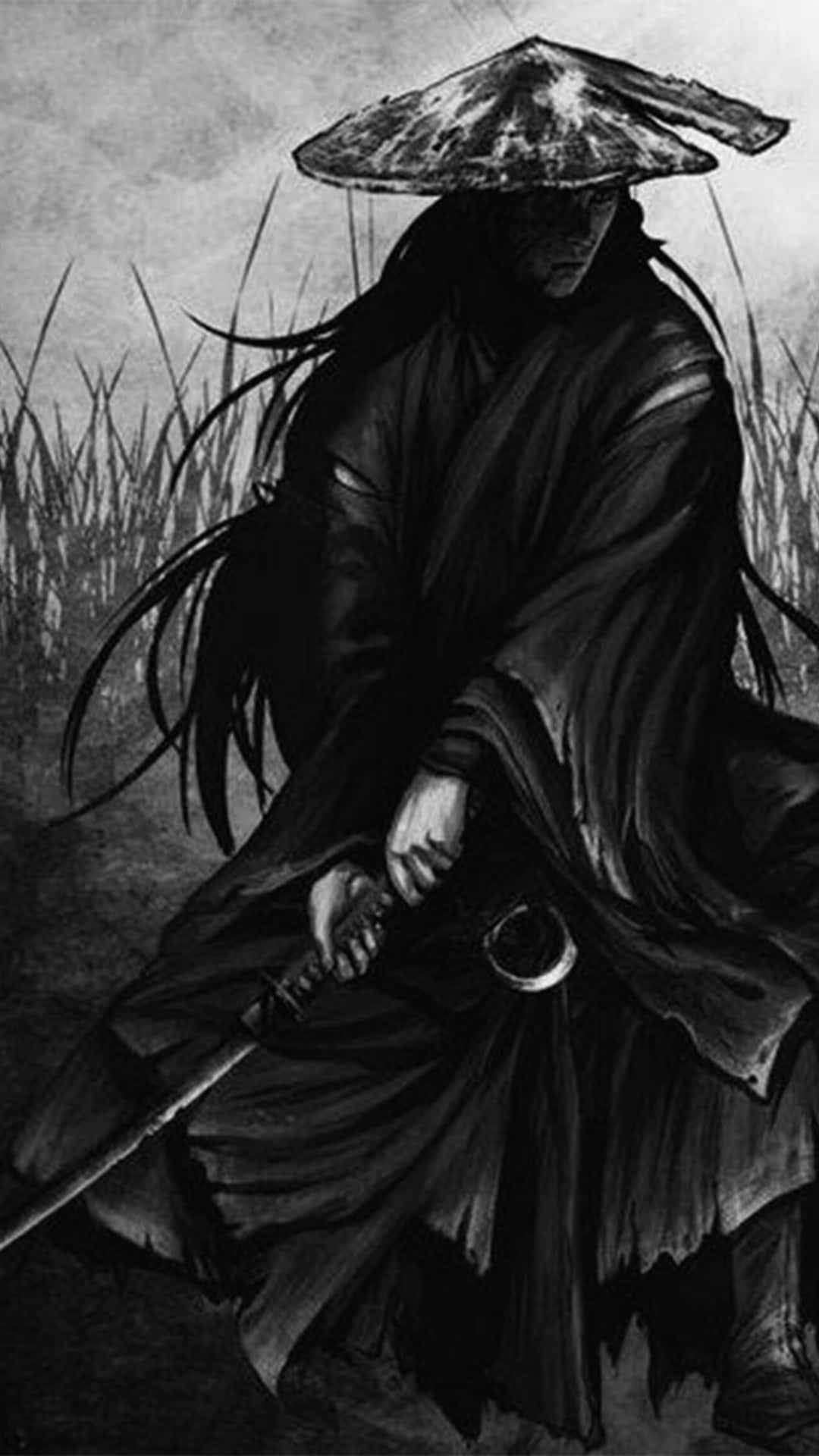 一個戴寬邊帽的武士戰士，在黑白插圖中站在高草中手持劍。