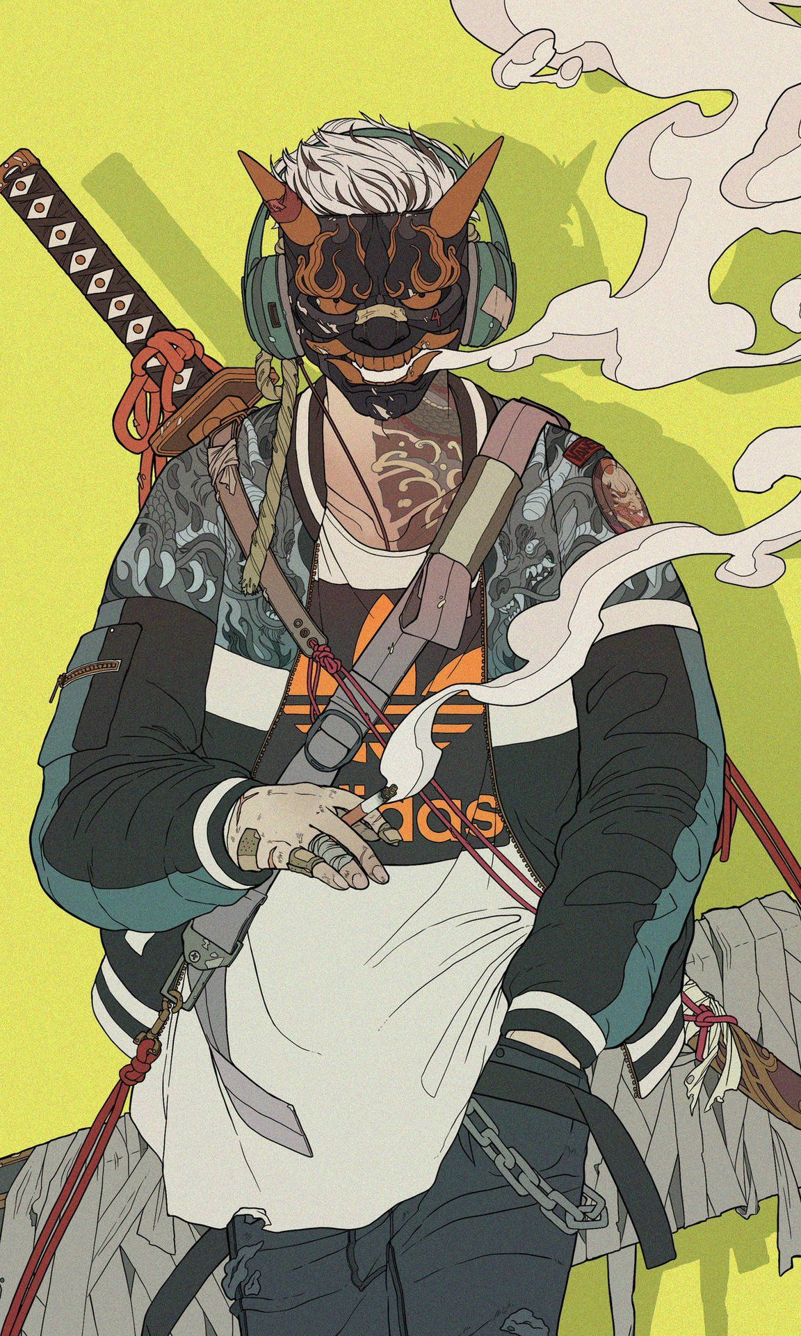 戴著惡魔面具和耳機、手持武士刀的動漫角色。